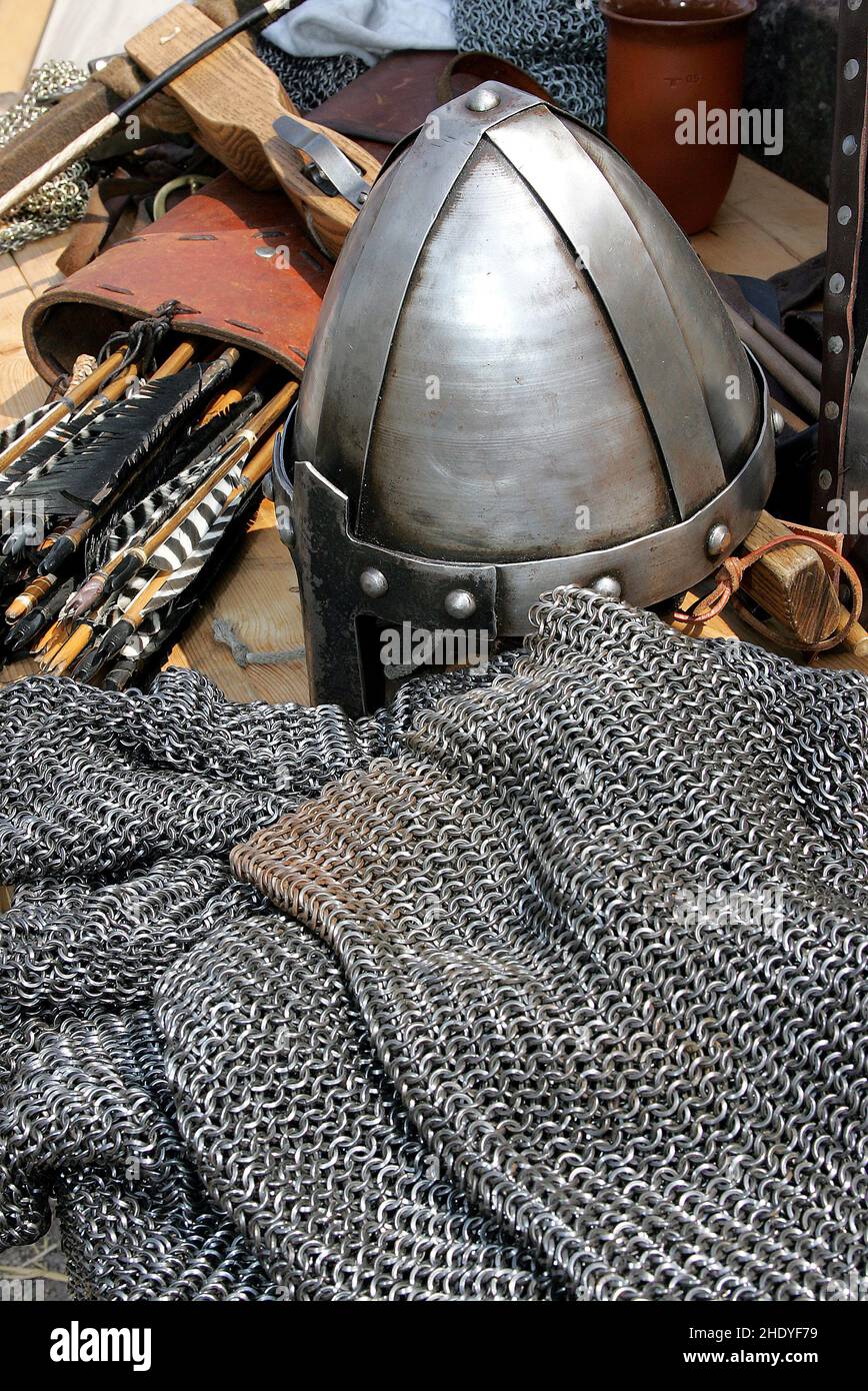 Image of Historical reenactment: Templar knight with sword and chain mail,  13th