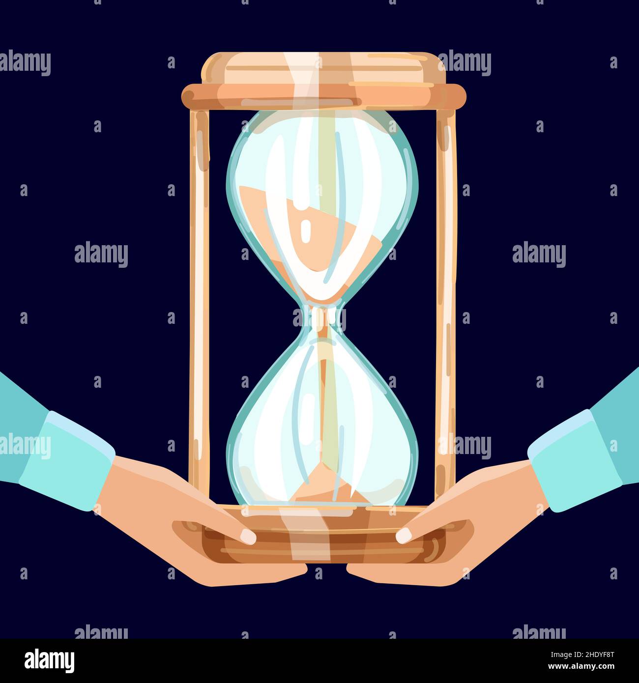 Time management concept. Golden hourglass in human hands. Vector illustration on dark blue background. Stock Vector