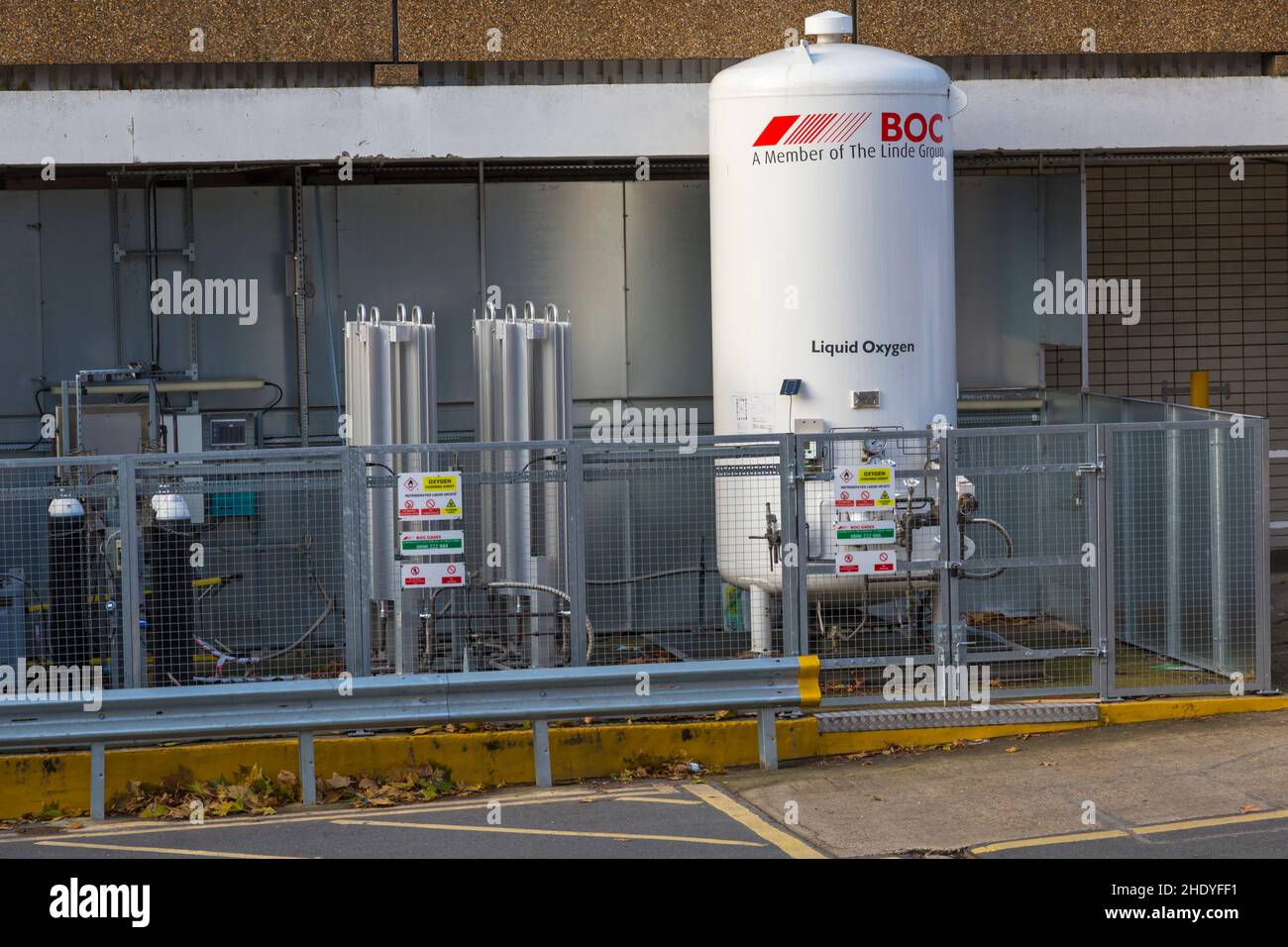 Tanks of Liquid oxygen stored outside of St Thomas' Hospital, London UK in December Stock Photo