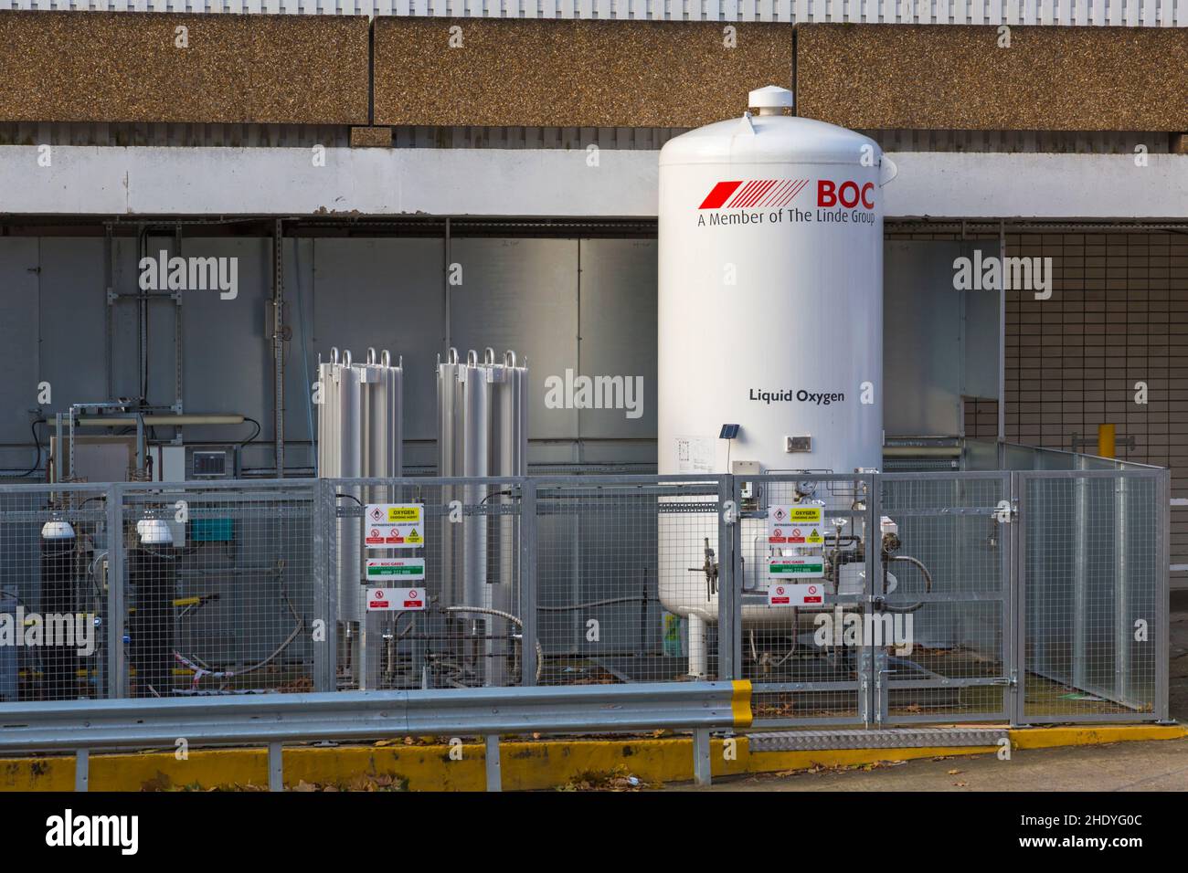 Tanks of Liquid oxygen stored outside of St Thomas' Hospital, London UK in December Stock Photo