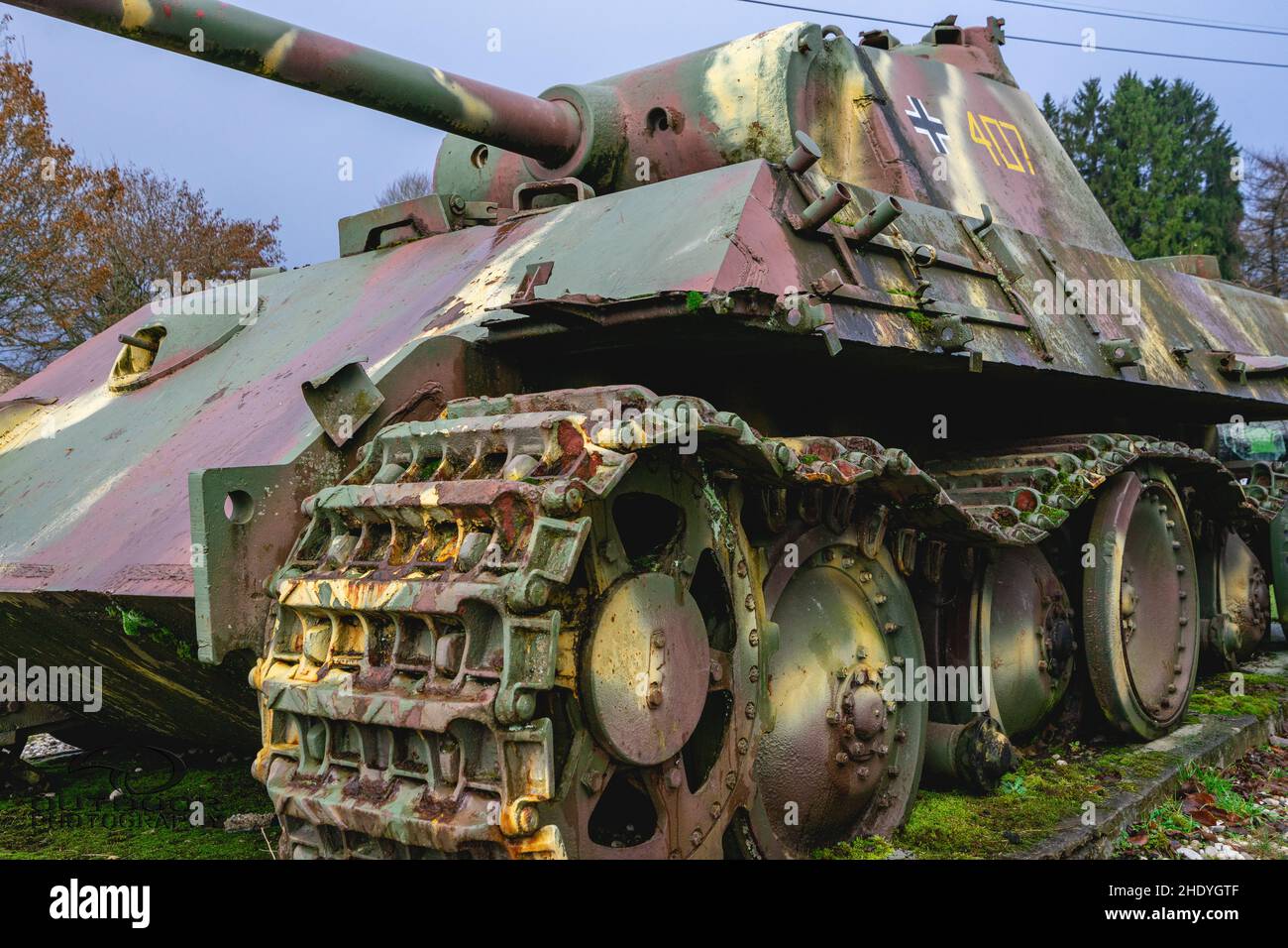 Monument of an old German Panther tank from World War Two, in the Belgium ardennes. Manhay Jan 6 2022. Stock Photo