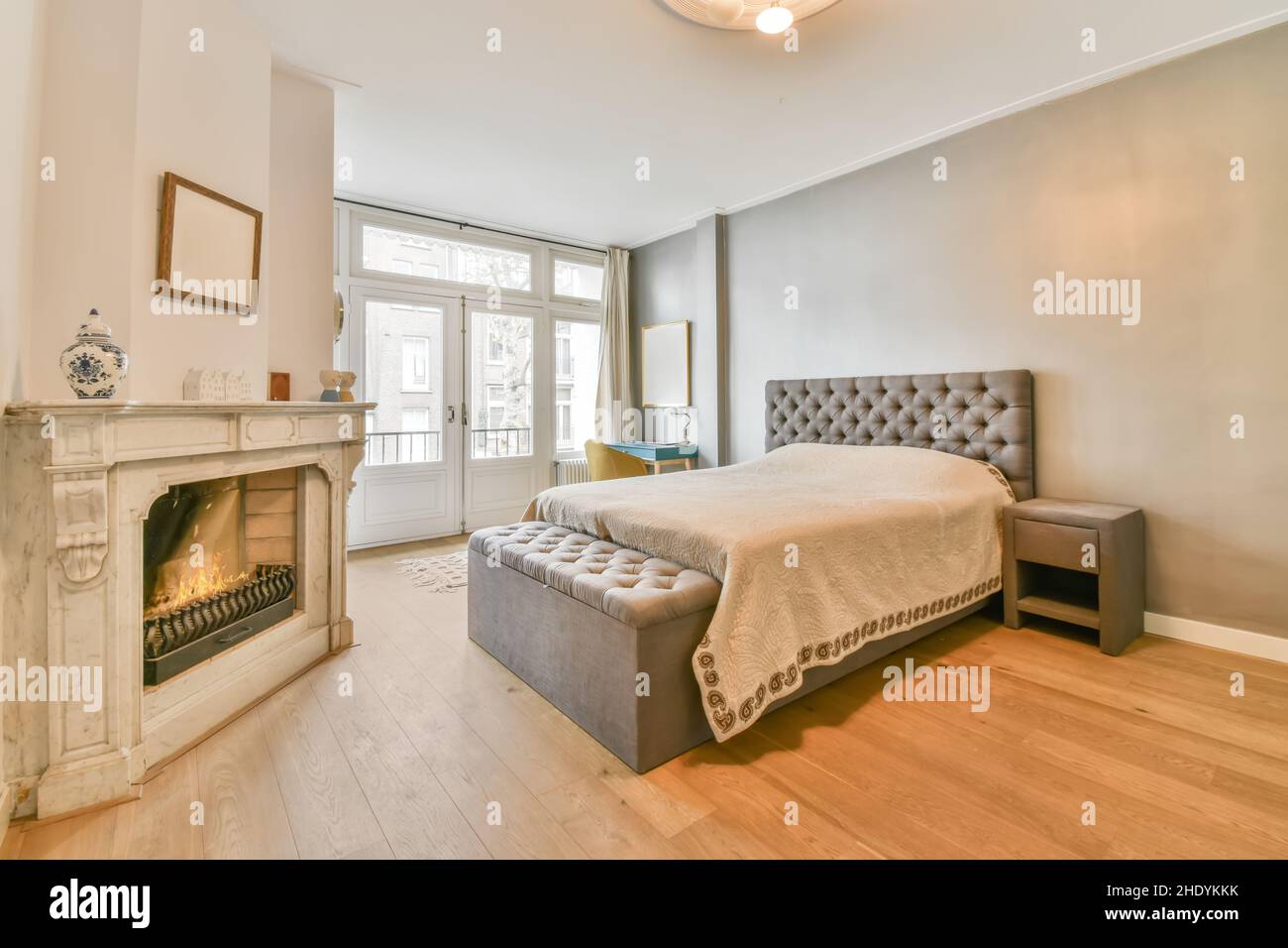 Interior of a cozy and bright bedroom with beautiful decoration Stock ...