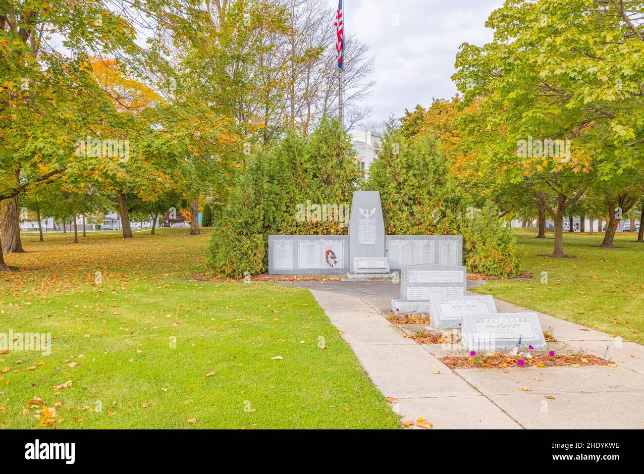 Alpena, Michigan, USA October 23, 2021 The Alpena County Courthouse and it is war memorial