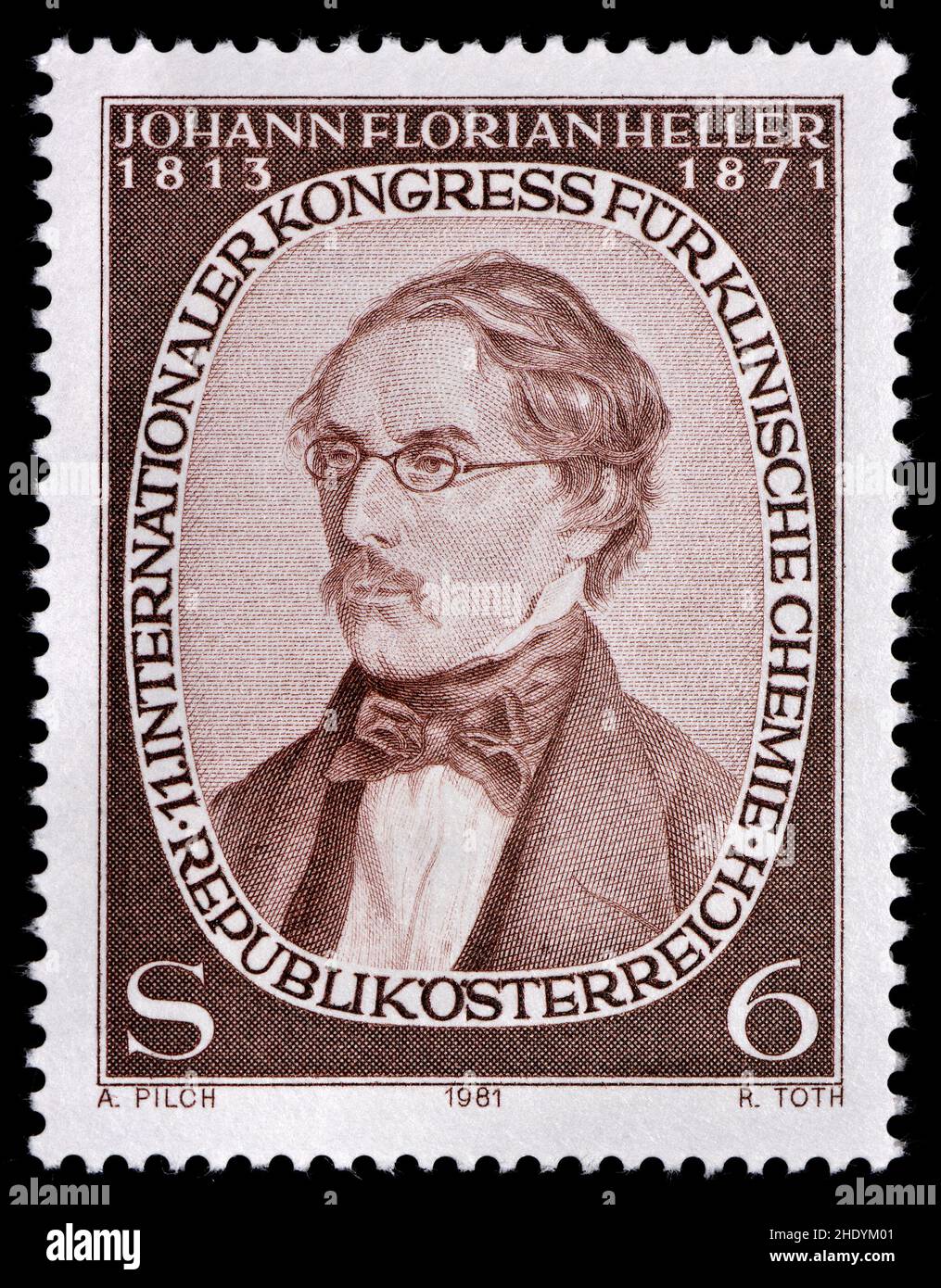 Austrian postage stamp (1981) : Johann Florian Heller (1813 – 1871) Austrian chemist, one of the founders of clinical chemistry. Stock Photo