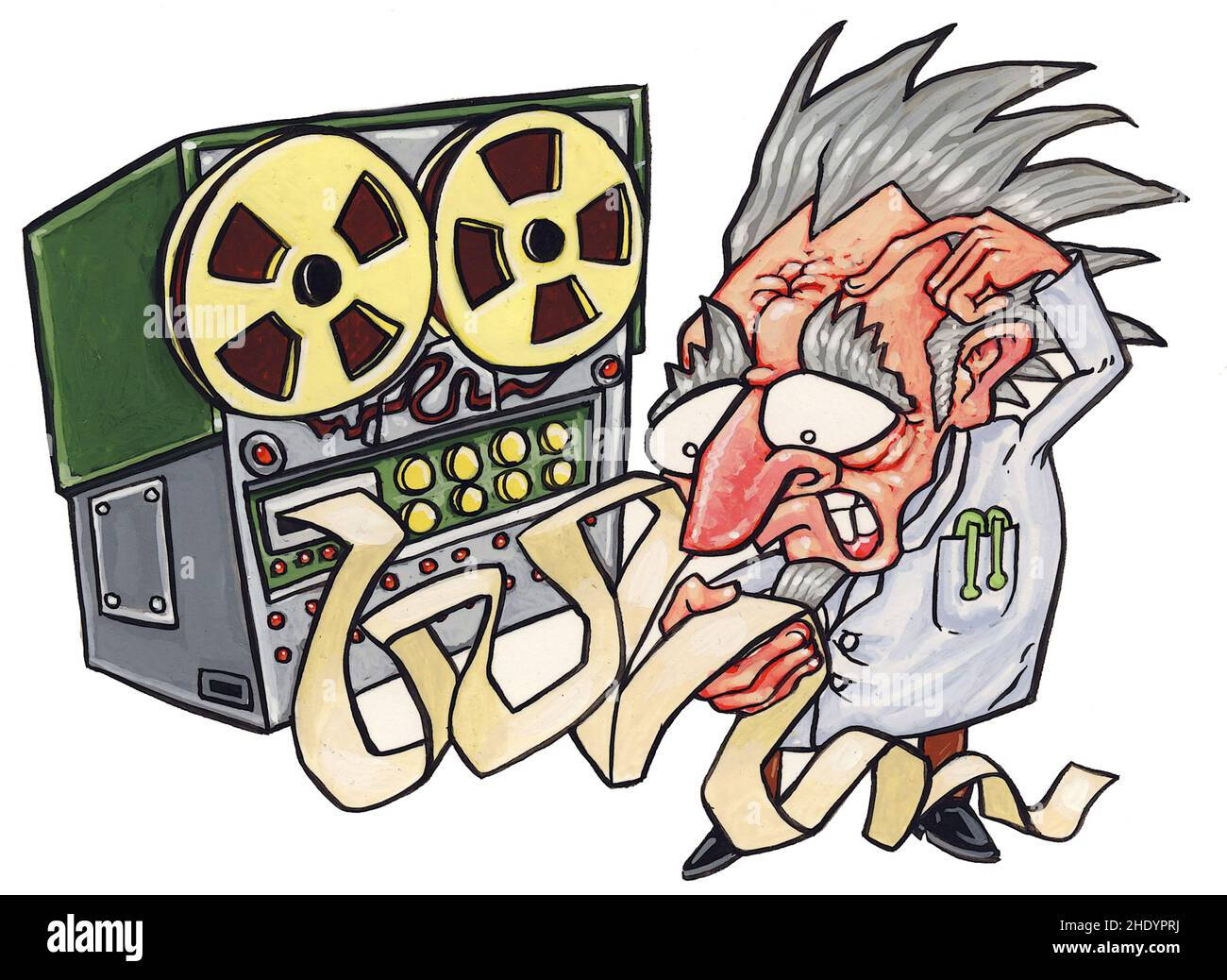 Cartoon comic art illustration showing a 1960s technician scientist working on an Honeywell style tape-drive computer with a dot-matrix paper readout. Stock Photo