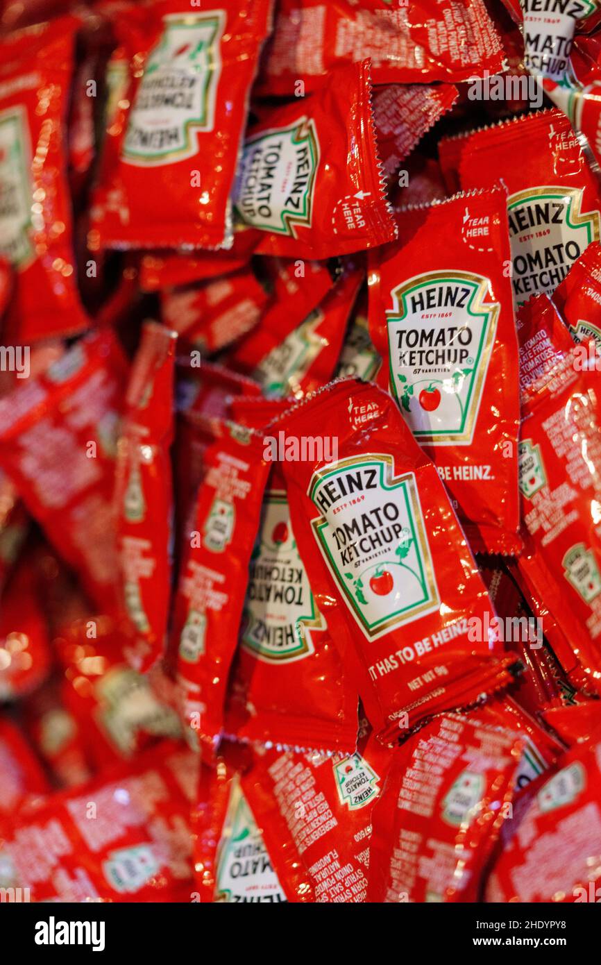 Lancaster, PA, USA January 6, 2022 Multiple Heinz Tomato Ketchup packets for restaurant