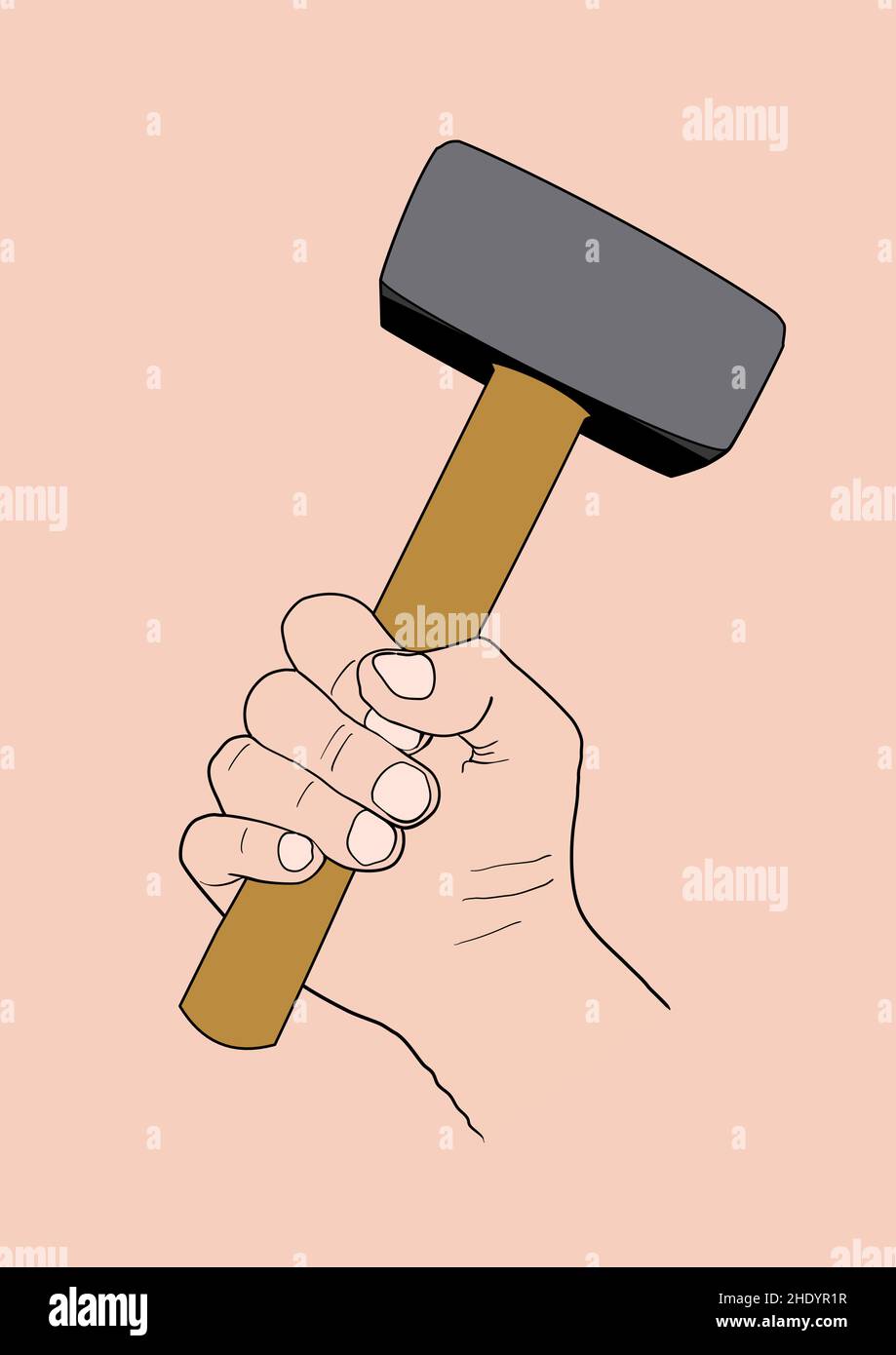 vector drawing of a hand holding a hammer. Plain background Stock Vector