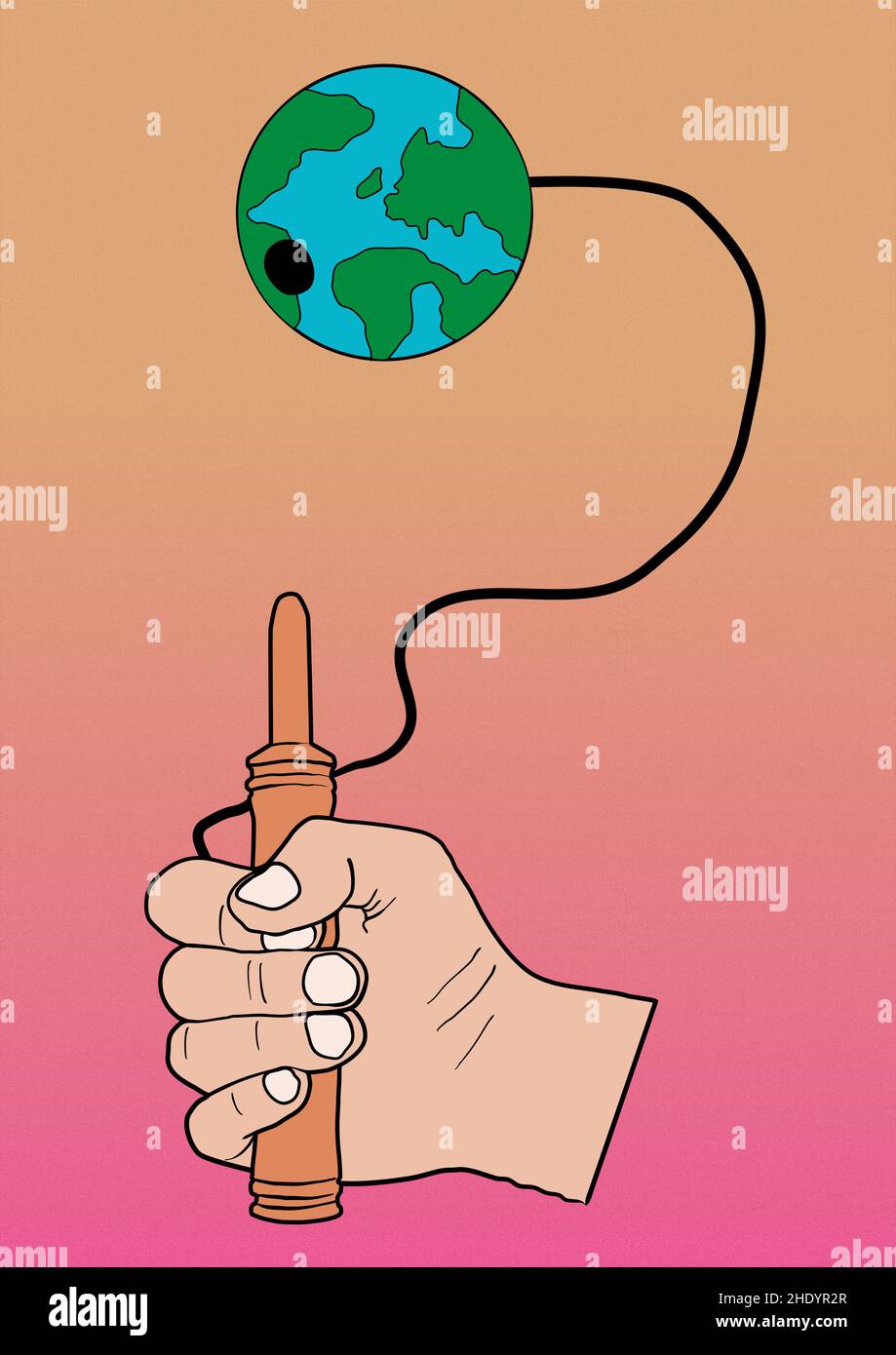 vector drawing of a hand playing bilboquet with planet earth. Preservation of the planet Stock Vector