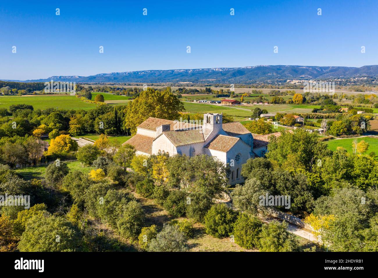 France, Bouches du Rhone, La Roque d'Antheron, Silvacane abbey, Cistercian abbey (aerial view) // France, Bouches-du-Rhône (13), La Roque d'Anthéron, Stock Photo