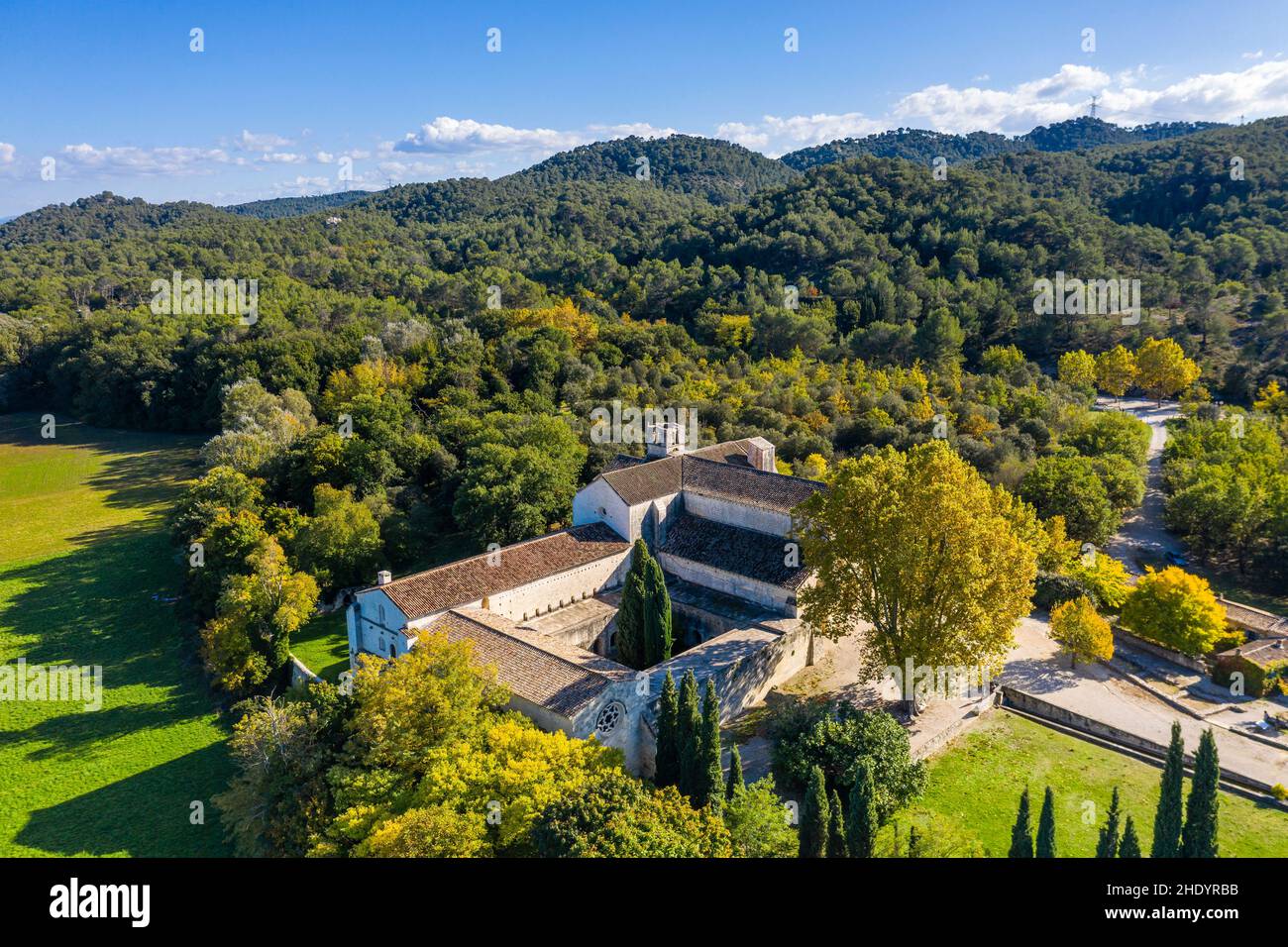 France, Bouches du Rhone, La Roque d'Antheron, Silvacane abbey, Cistercian abbey (aerial view) // France, Bouches-du-Rhône (13), La Roque-d'Anthéron, Stock Photo