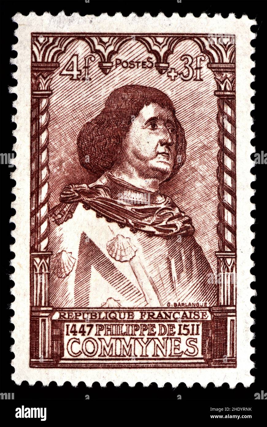 French postage stamp (1946) : Philippe de Commines ( / de Commynes / Philippe de Comines / Philippus Cominaeus; 1447 – 1511) writer and diplomat in th Stock Photo