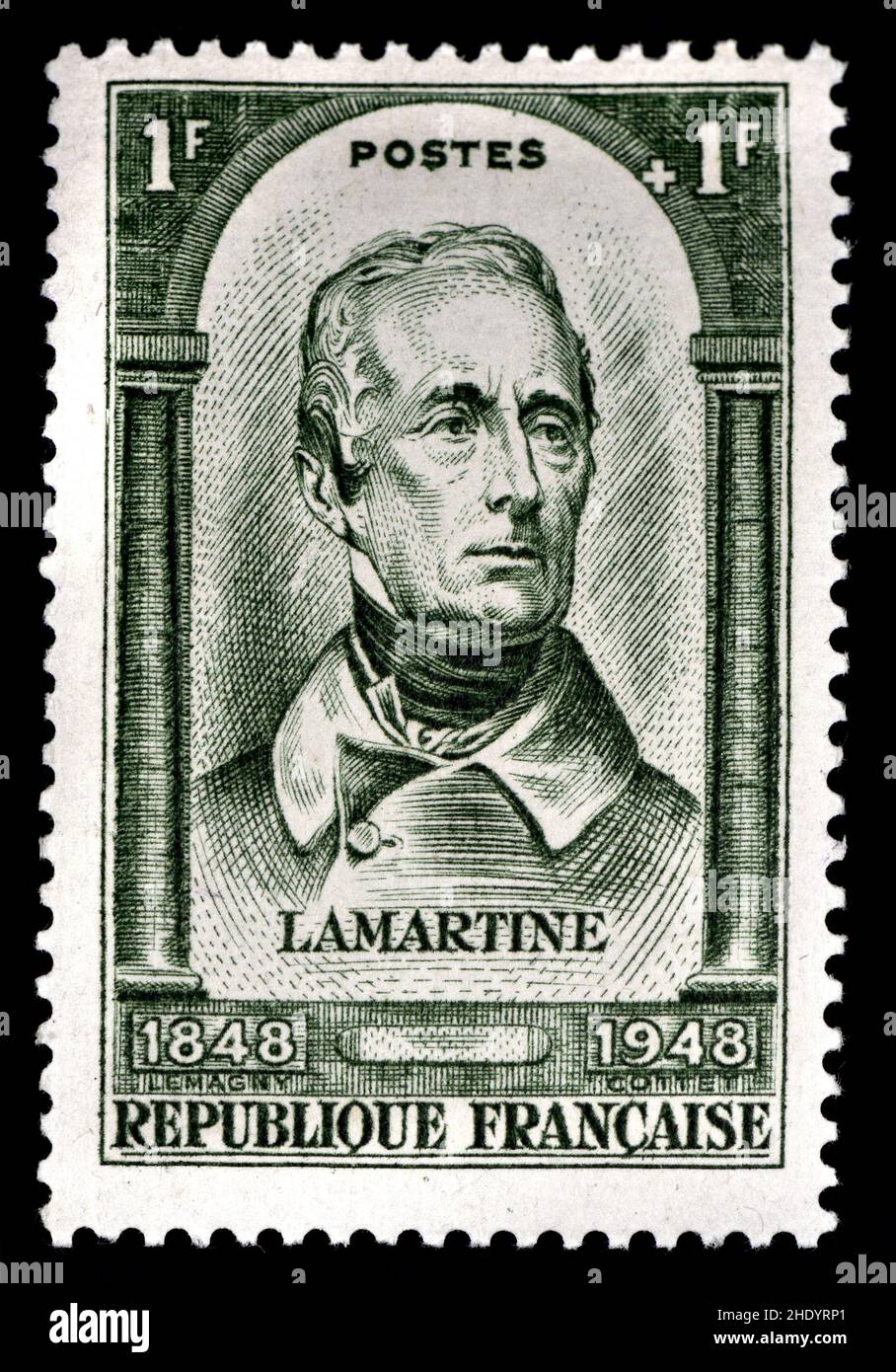 French postage stamp (1948) : Alphonse Marie Louis de Prat de Lamartine, Knight of Pratz (1790 – 1869) French author, poet, and statesman Stock Photo