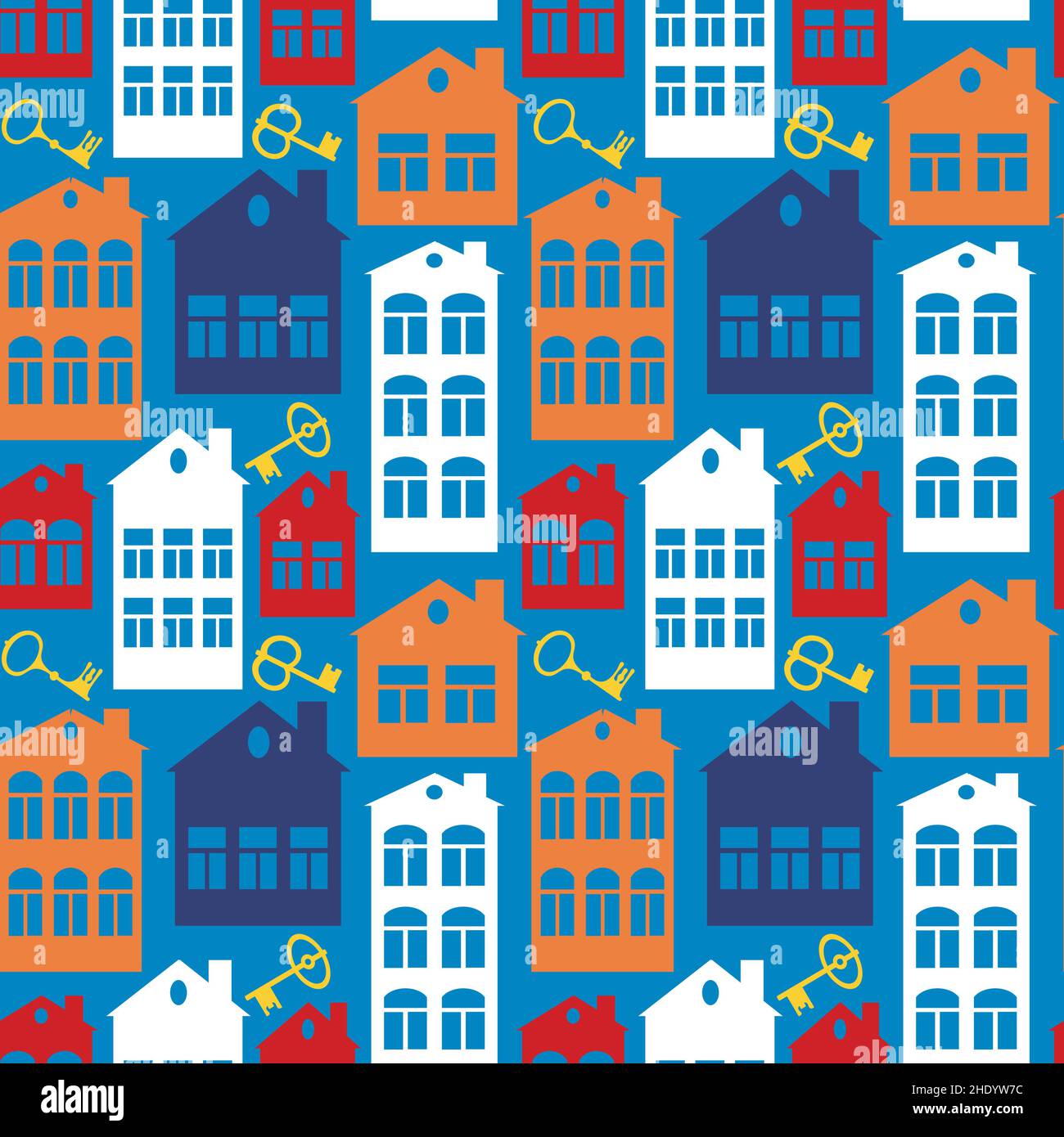 Seamless pattern on a square background on the theme of real estate (rent or sale) - houses and keys. Design element of books, notebooks, postcards, interior items. Wallpapers, textiles, packaging, background for a website, mobile application or blog. buildings, architecture, minimalism Stock Vector