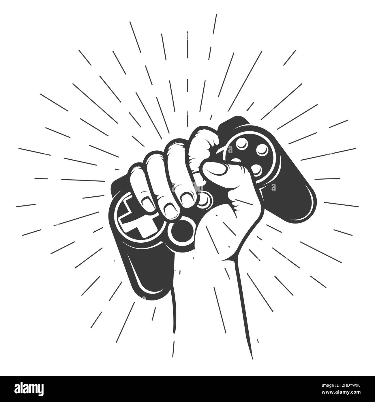 Hand holds gamepad, oldschool videogame joystick, gamer squeeze in hand game controller, vector Stock Vector