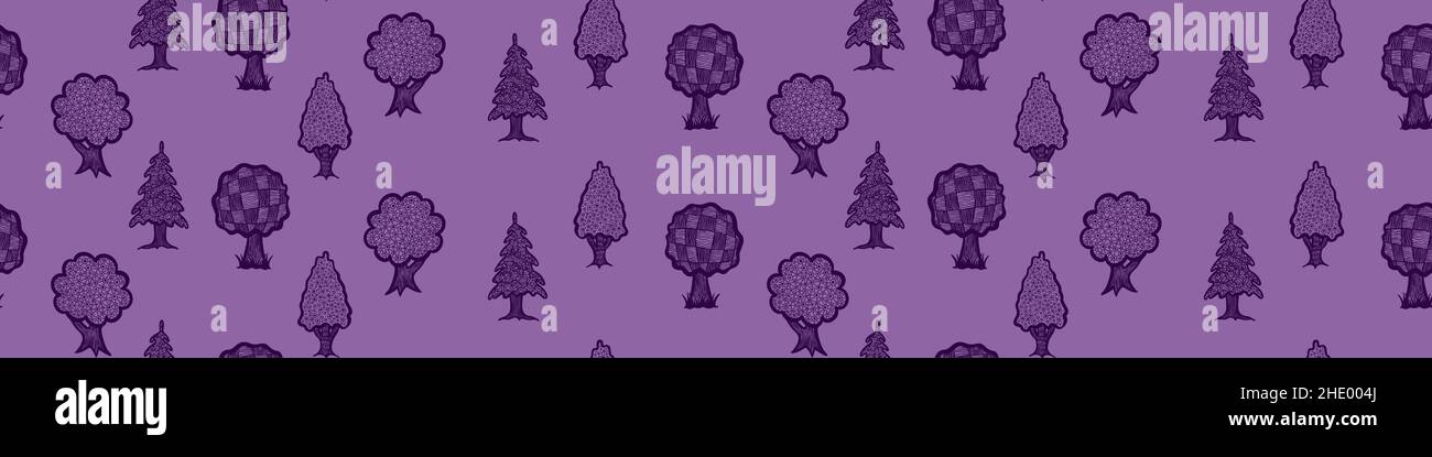 Seamless pattern with hand drawn trees on purple background. Vector illustration. Stock Vector