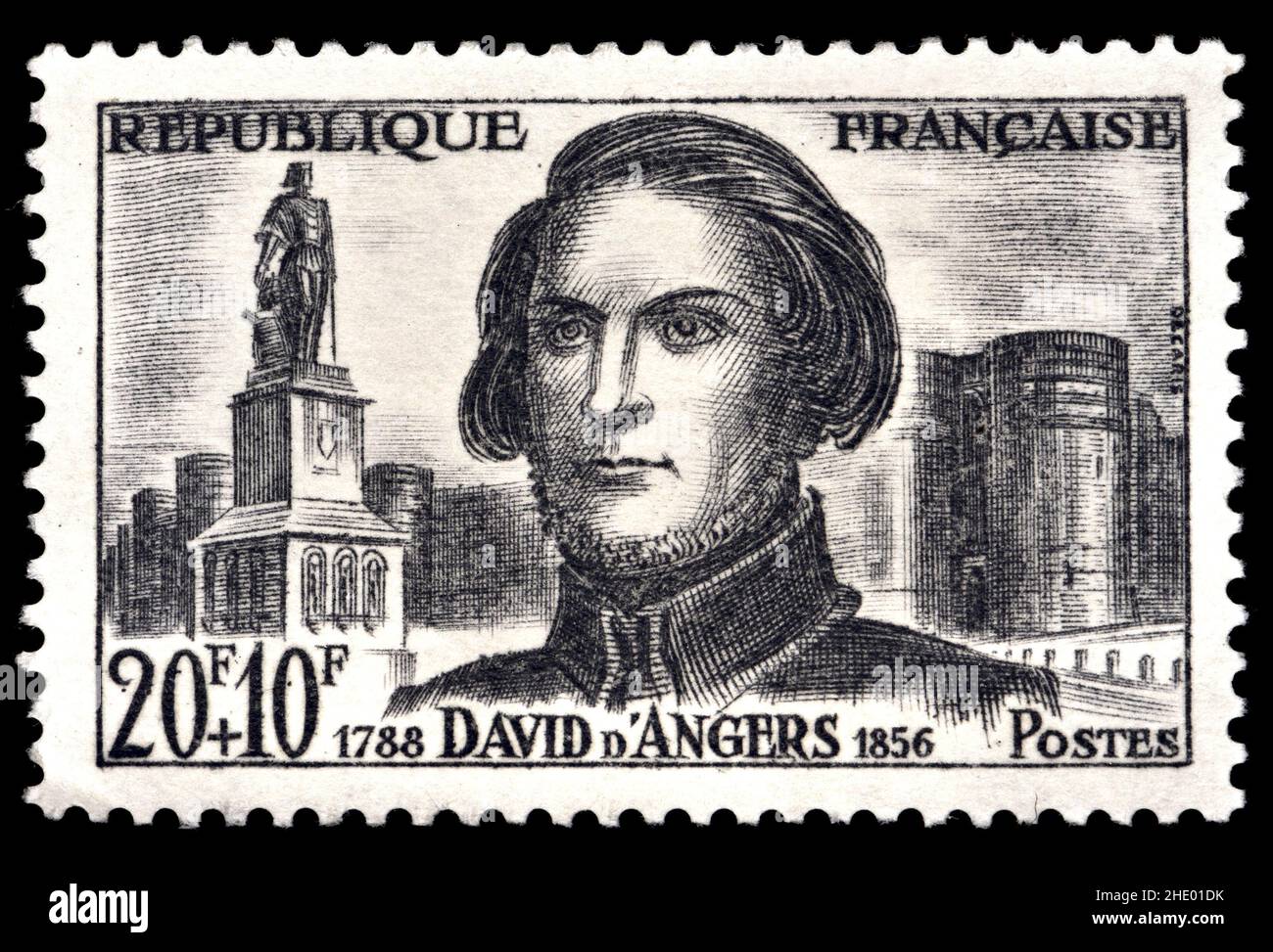 French postage stamp (1959) : Pierre-Jean David / 'David D'Angers' (1788 – 1856) French sculptor, medalist and active freemason. Stock Photo