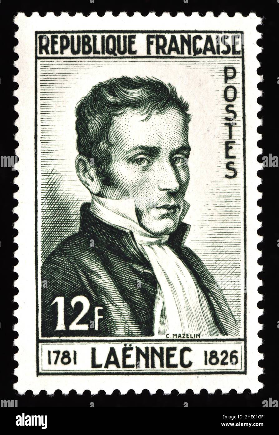 French postage stamp (1952) :René-Théophile-Hyacinthe Laennec (1781 – 1826) French physician and musician Stock Photo
