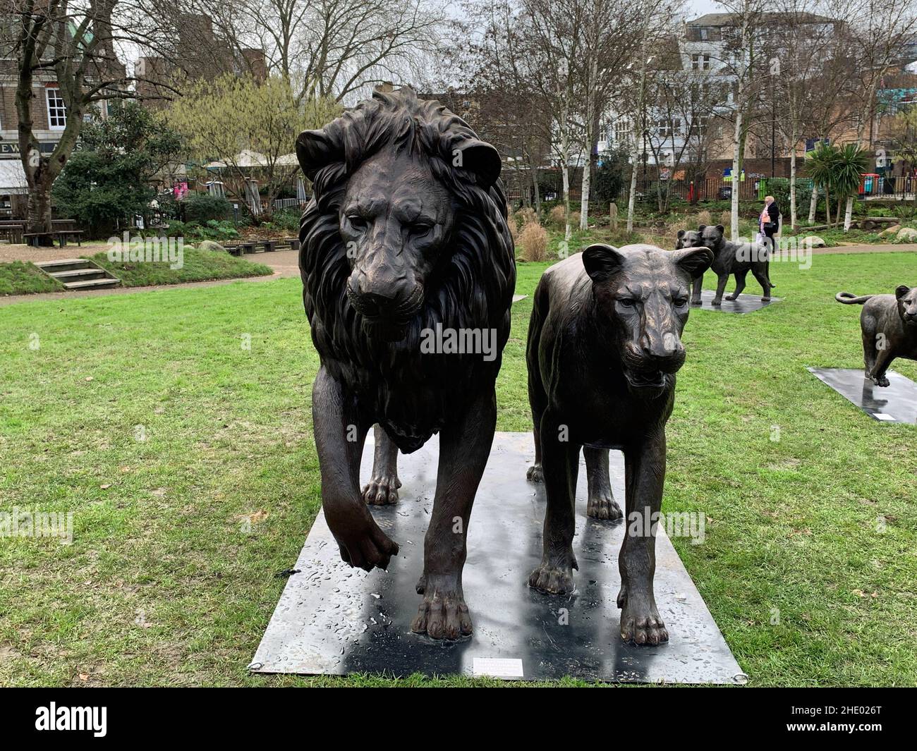 Waterloo, London, 2022.  Bornfree and artists Gillie and Marc have put on a free event with Lion Sculptures highlighting the plight of African Lions. Stock Photo