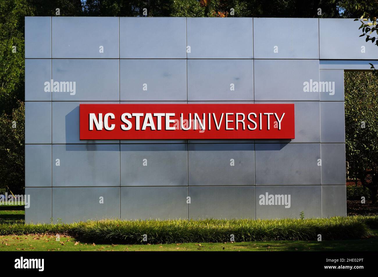 NC State University sign near the entrance to campus. NCSU is a public, Land-grant univeristy that was established in 1887. Stock Photo