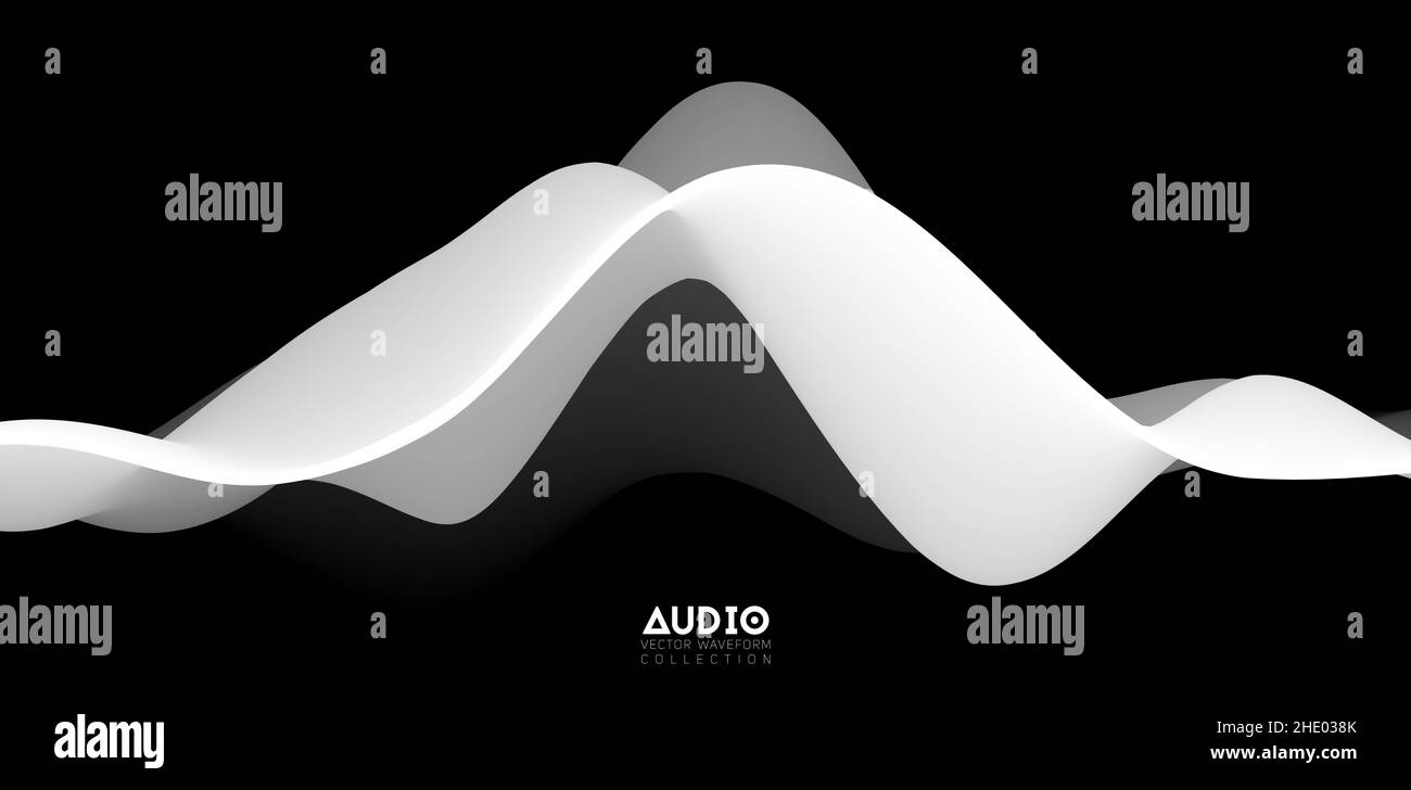 Sound wave visualiztion. 3D black and white solid waveform. Voice sample pattern. Stock Vector