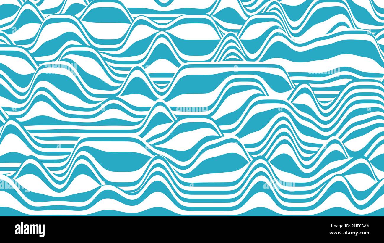 Trendy 3D blue and white stripes distorted backdrop. Procedural ripple ...