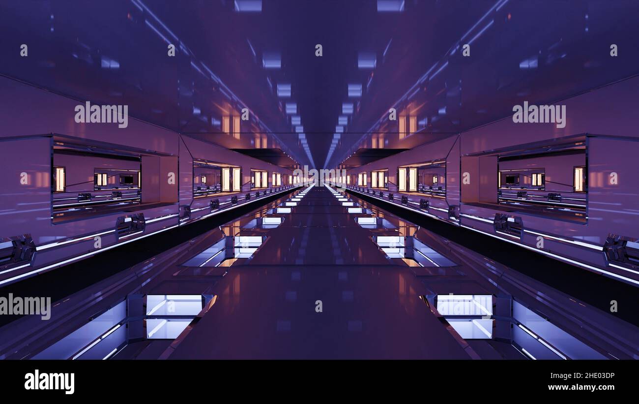 Reflective tunnel with violet illumination 4K UHD 3D illustration Stock ...