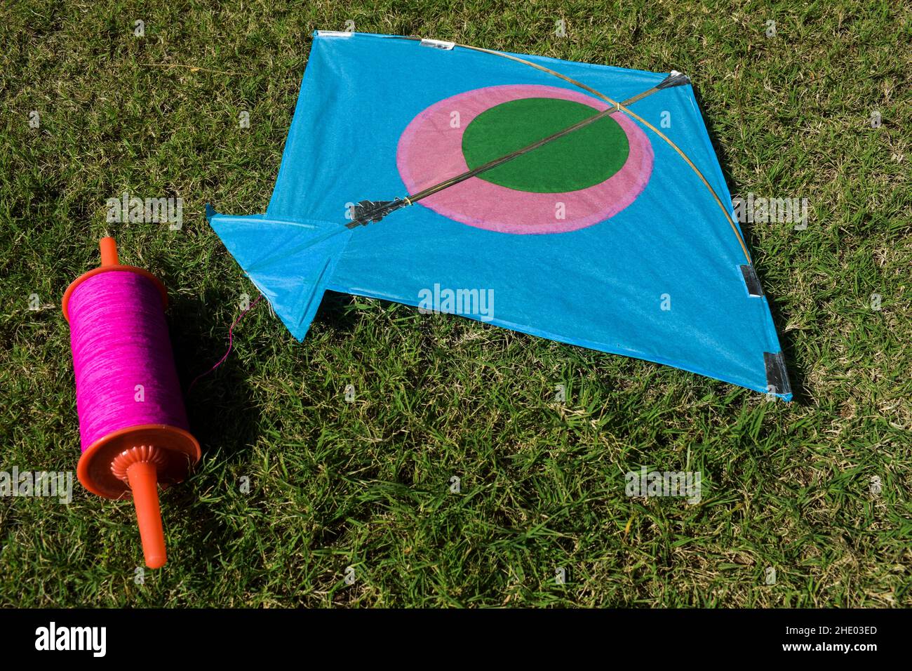 Sankranti kites patang flying outdoors. Colorful kites during kite