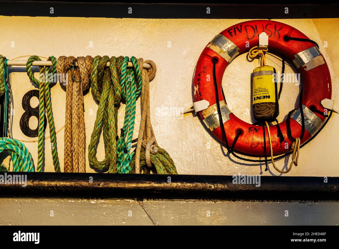 Detail of ropes & fishing gear; boats at dock; harbor; Newport; Oregon; USA Stock Photo