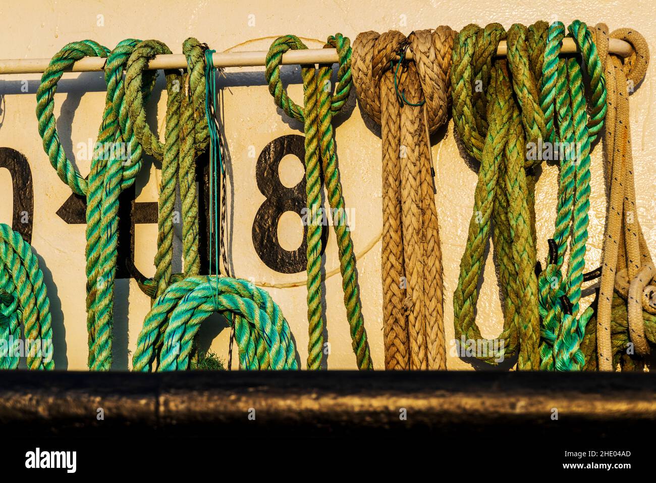 Detail of ropes & fishing gear; boats at dock; harbor; Newport; Oregon; USA Stock Photo