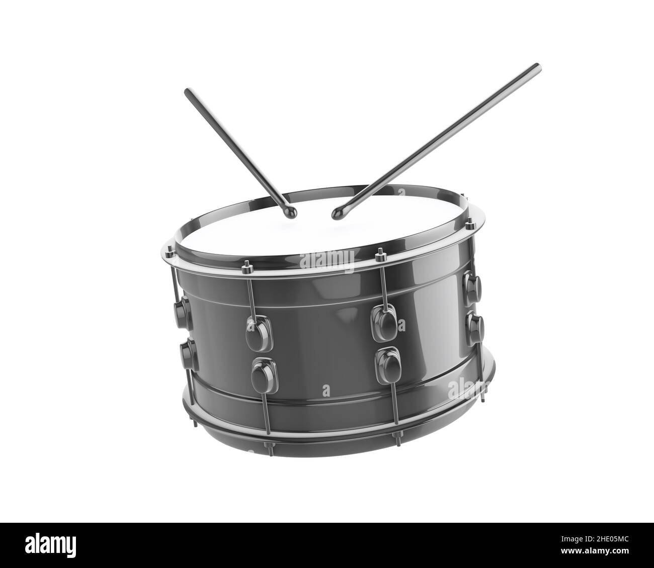 Black snare drum and drumsticks isolated on white background. 3d ...