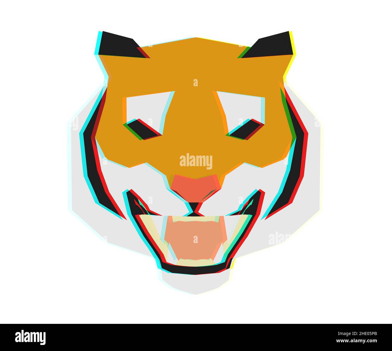 Abstract low poly tiger head in full face with glitch effect, 3d rendering Stock Photo