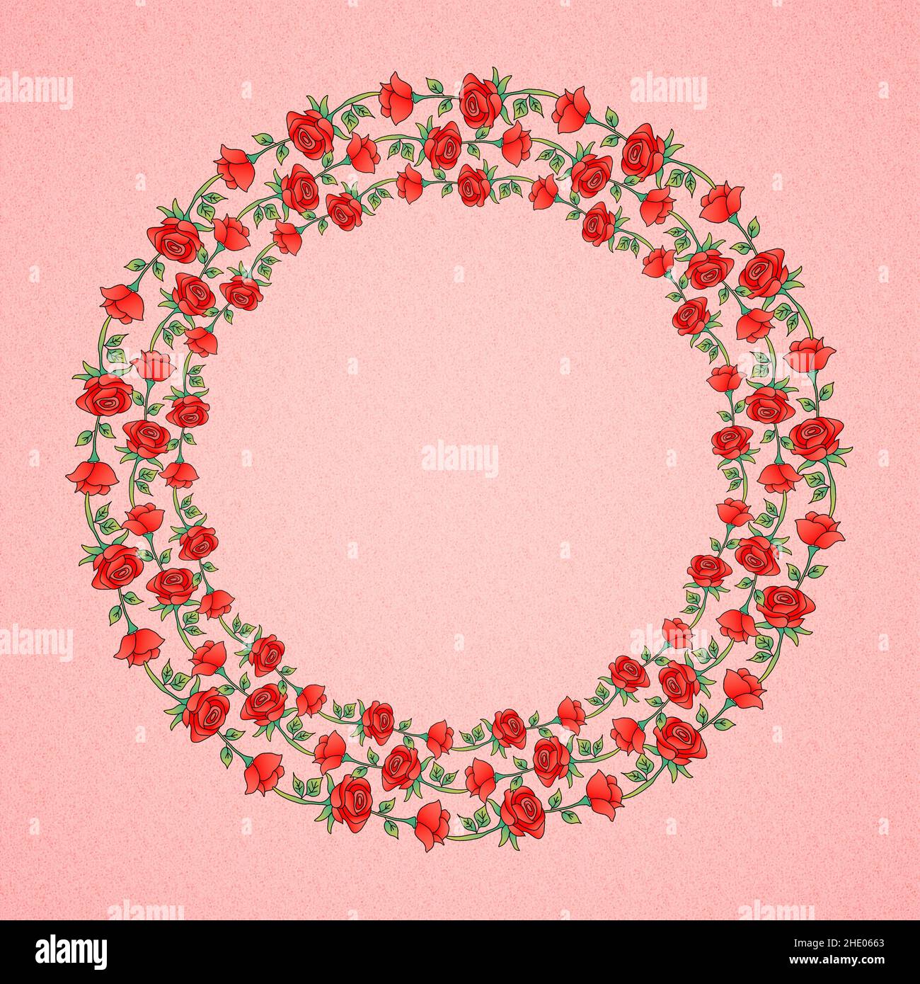 Illustration of roses as a round border on a pink background with space ...
