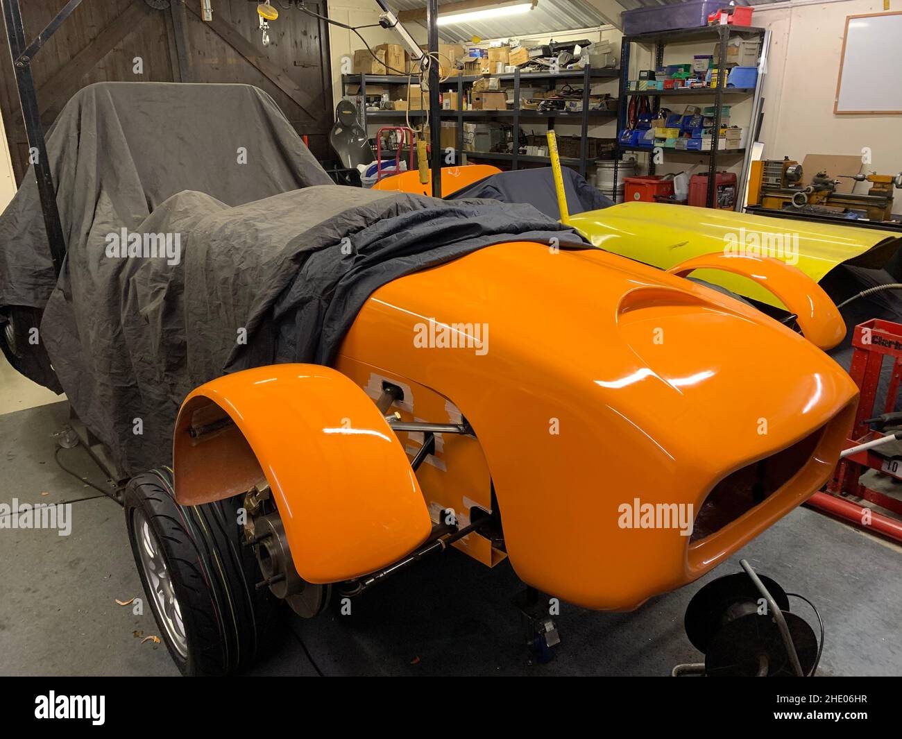 Orange Sports car or track car being built in Northamptonshire UK track