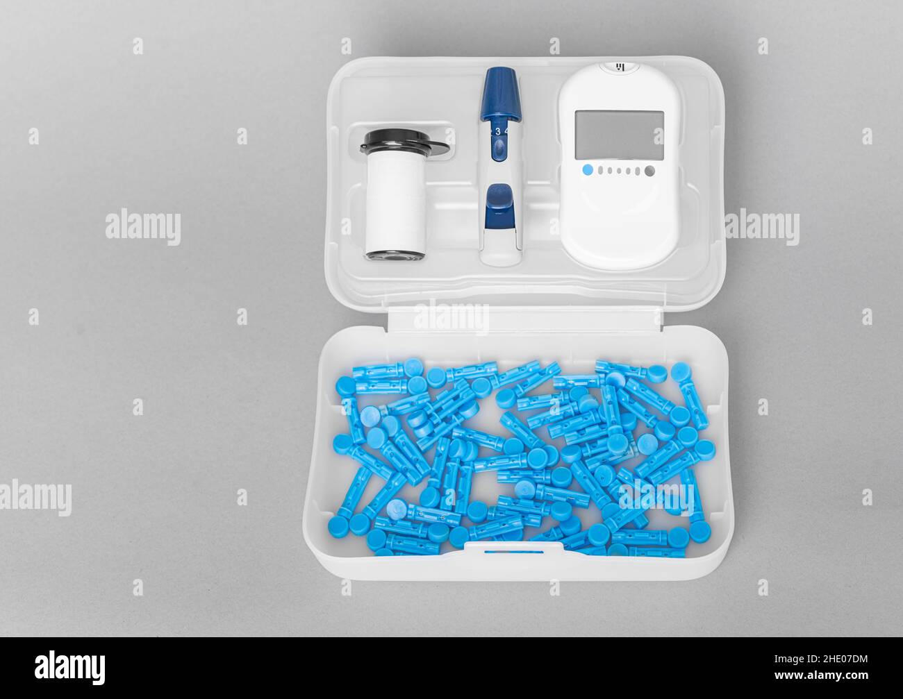Glucometer, home kit for measuring blood sugar. Stock Photo