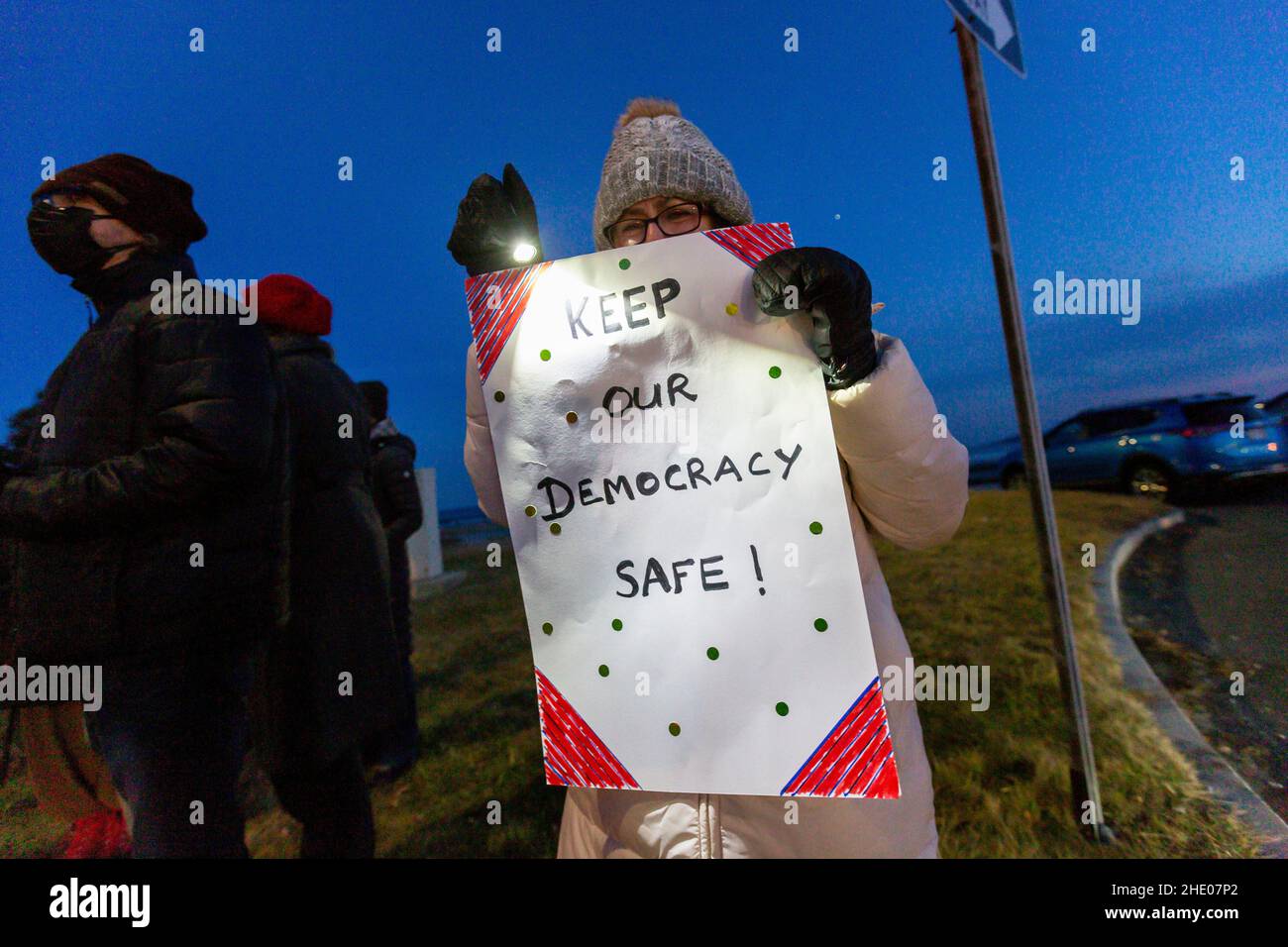 Jan. 6, 2022. Nahant, MA. North Shore residents held a vigil at the Nahant rotary to commemorate the first-year anniversary of the attack on the U.S. Stock Photo