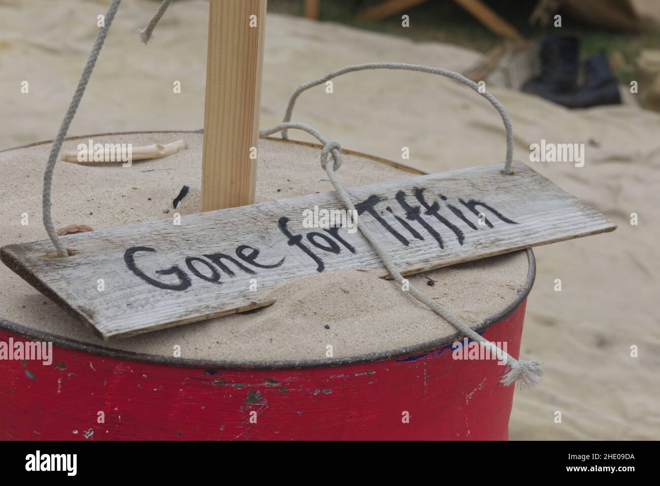 gone for tiffin, wooden sign Stock Photo