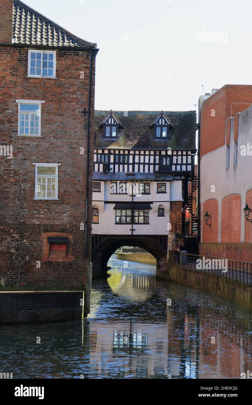 High Bridge carries the High Street across the River Witham in Lincoln. UK Stock Photo