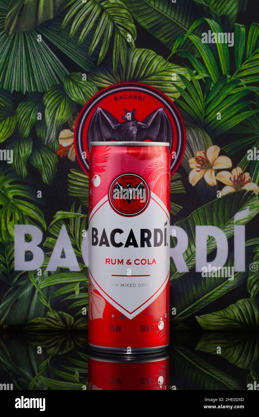 Prague, Czech Republic - 7 October ,2021: Bacardí Rum and Cola is a perfectly mixed drink crafted with Bacardí Carta Blanca, to deliver an authentic r Stock Photo