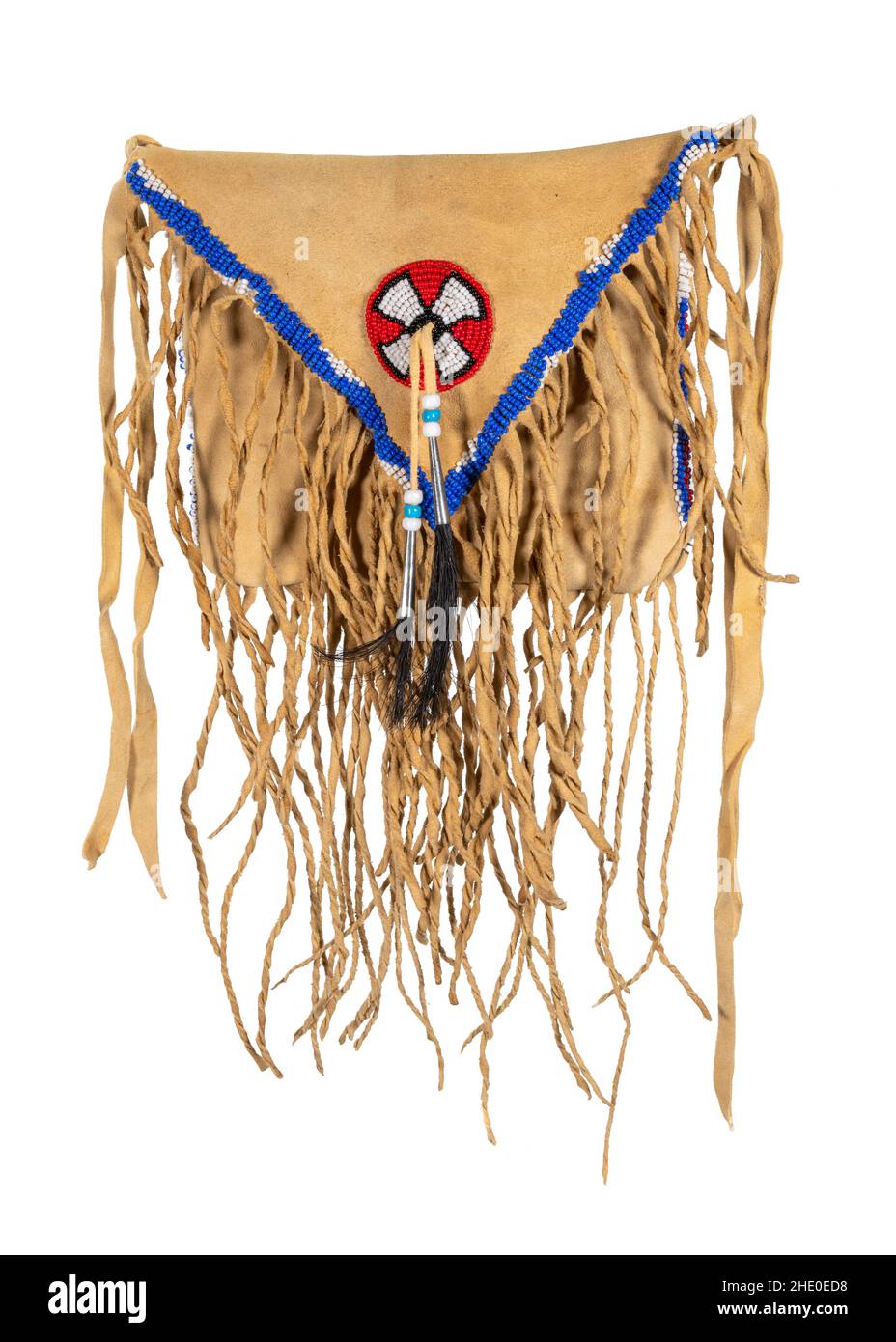 Bag of the North American Indians. Made from deerskin embroidered with colorful glass beads and leather cords isolated on white Stock Photo