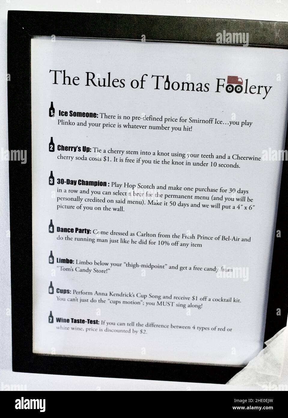 List of Rules at Thomas Foolery Bar and restaurant in Washington D.C., USA Stock Photo
