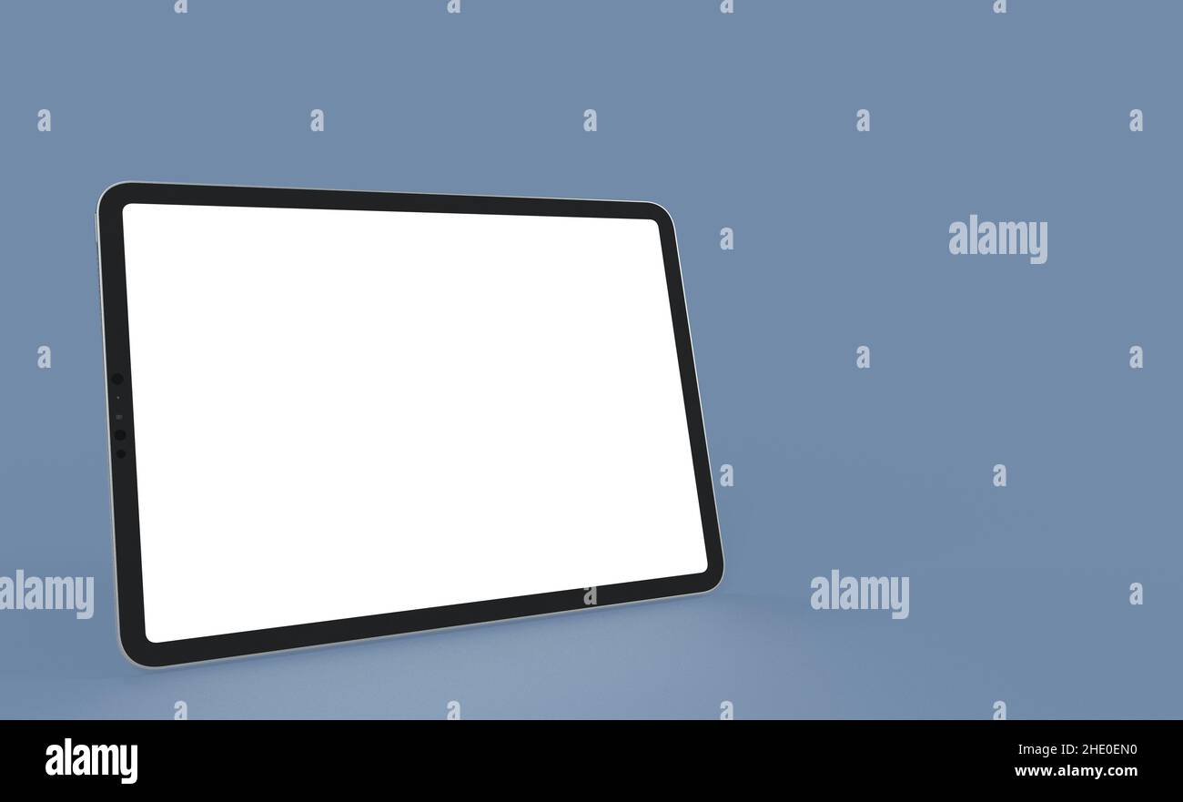 A 3D render of a tablet with a blank white screen on a blue background