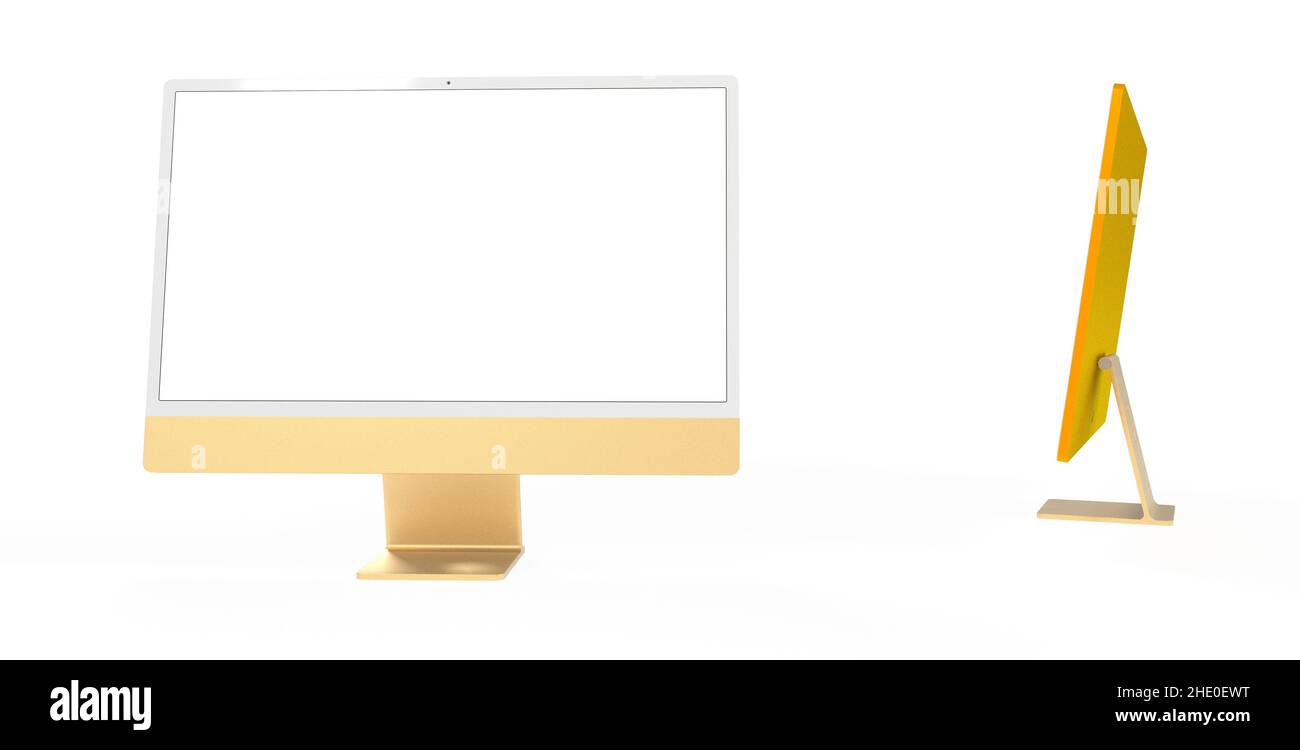A 3D render of a yellow monitor with a blank white screen on a white