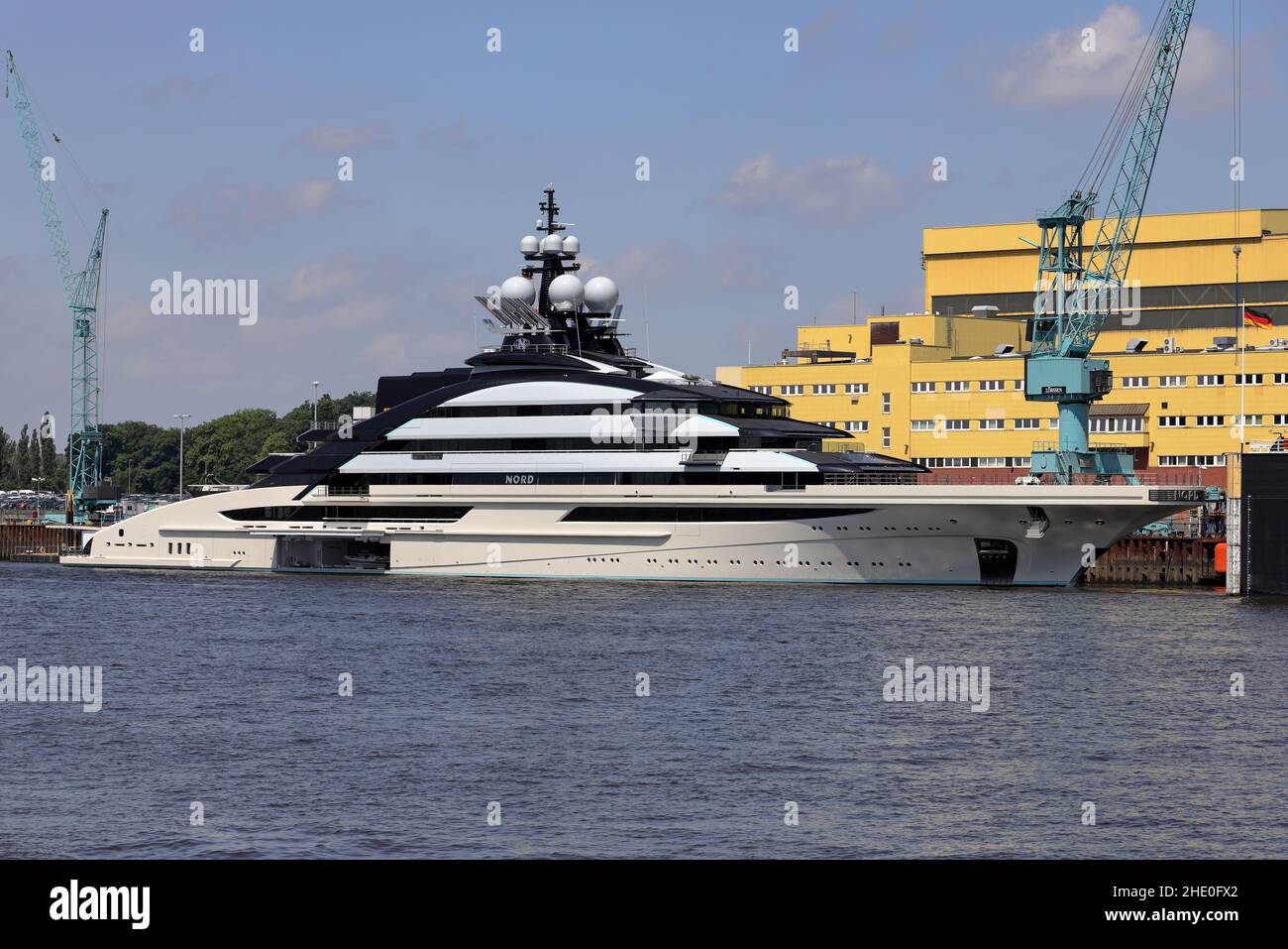The Meagyacht Nord will be moored in Lemwerder at the shipyard on June 19, 2021. Stock Photo