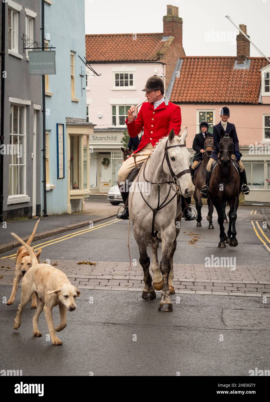 Huntsman blowing a small horn, wearing traditional fox hunting attire