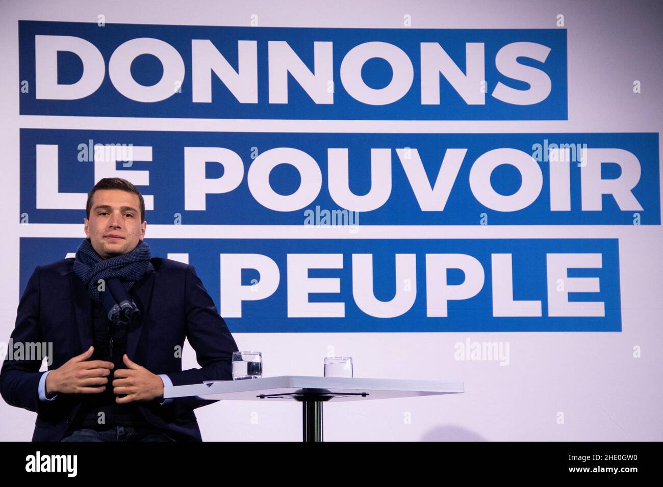 Jordan Bardella is a French politician who has served as a spokesman of the National Rally since September 2017. He was the lead candidate of the National Rally in the 2019 European Parliament election in France. Stock Photo