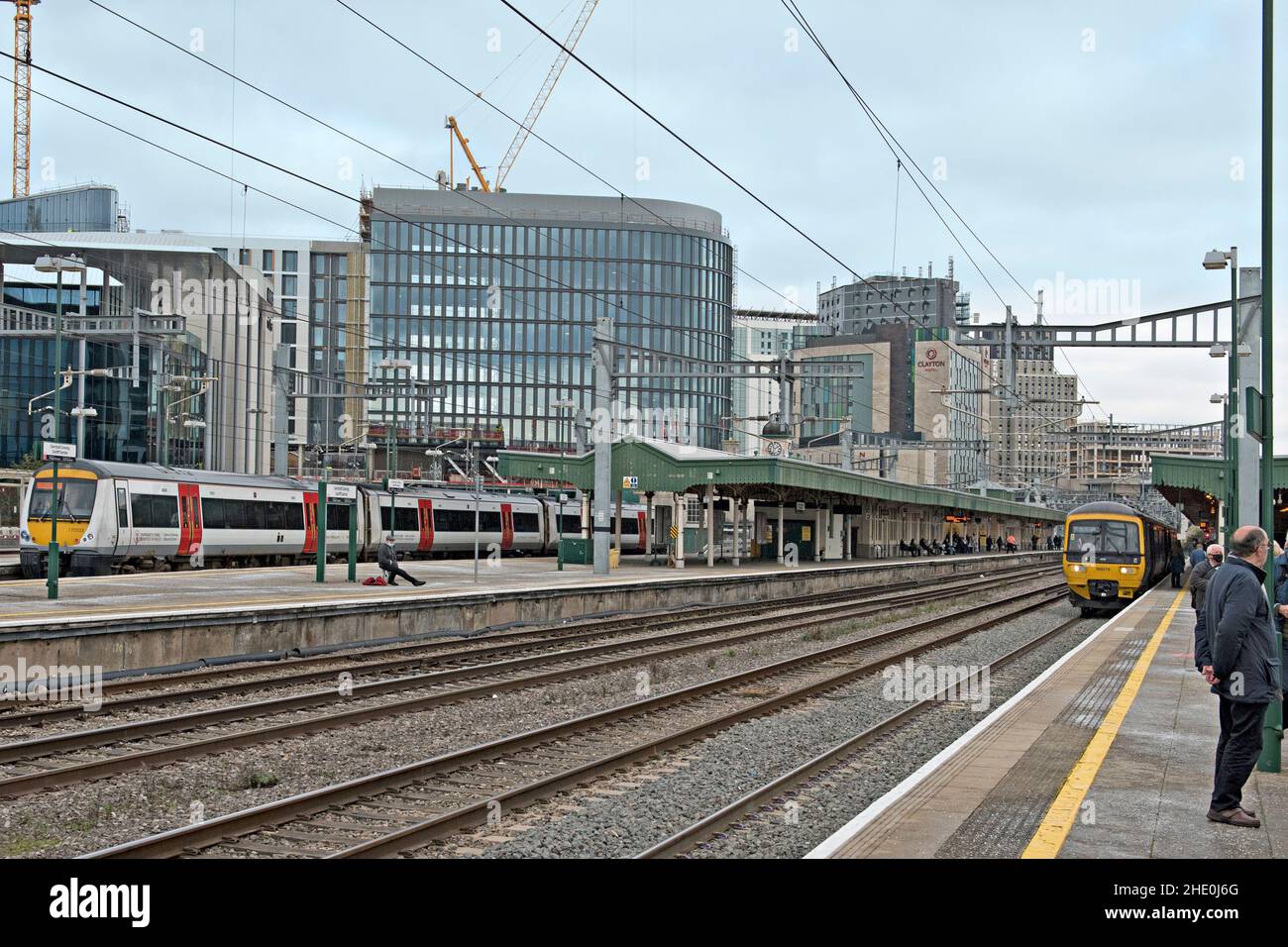 Cardiff Central Railway Station, Wales, United Kingdom The newly electrified infrastructure is evident Stock Photo
