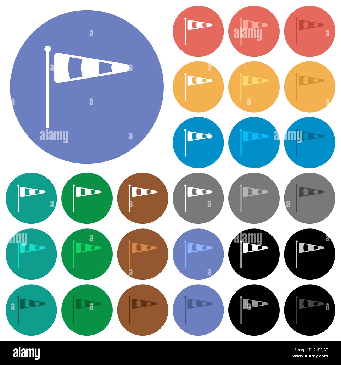 Windsock indicator solid multi colored flat icons on round backgrounds. Included white, light and dark icon variations for hover and active status eff Stock Vector