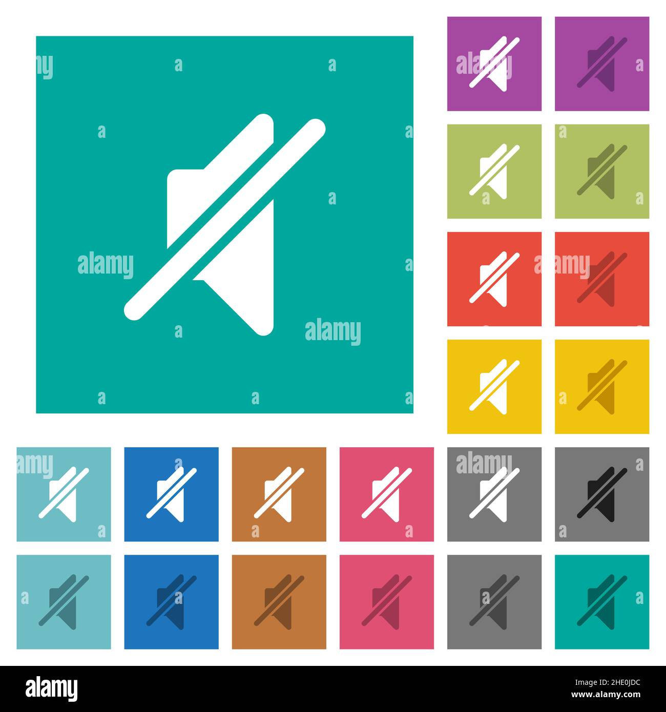 Mute solid multi colored flat icons on plain square backgrounds. Included white and darker icon variations for hover or active effects. Stock Vector