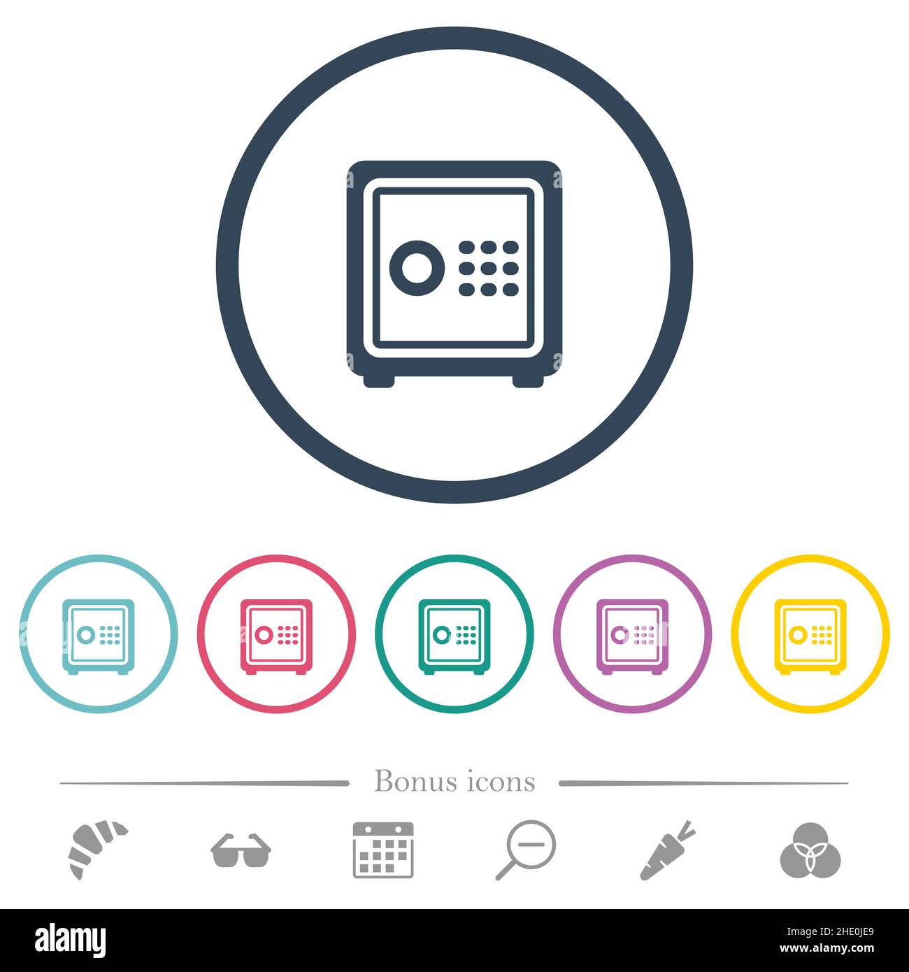 Single strong box outline flat color icons in round outlines. 6 bonus icons included. Stock Vector