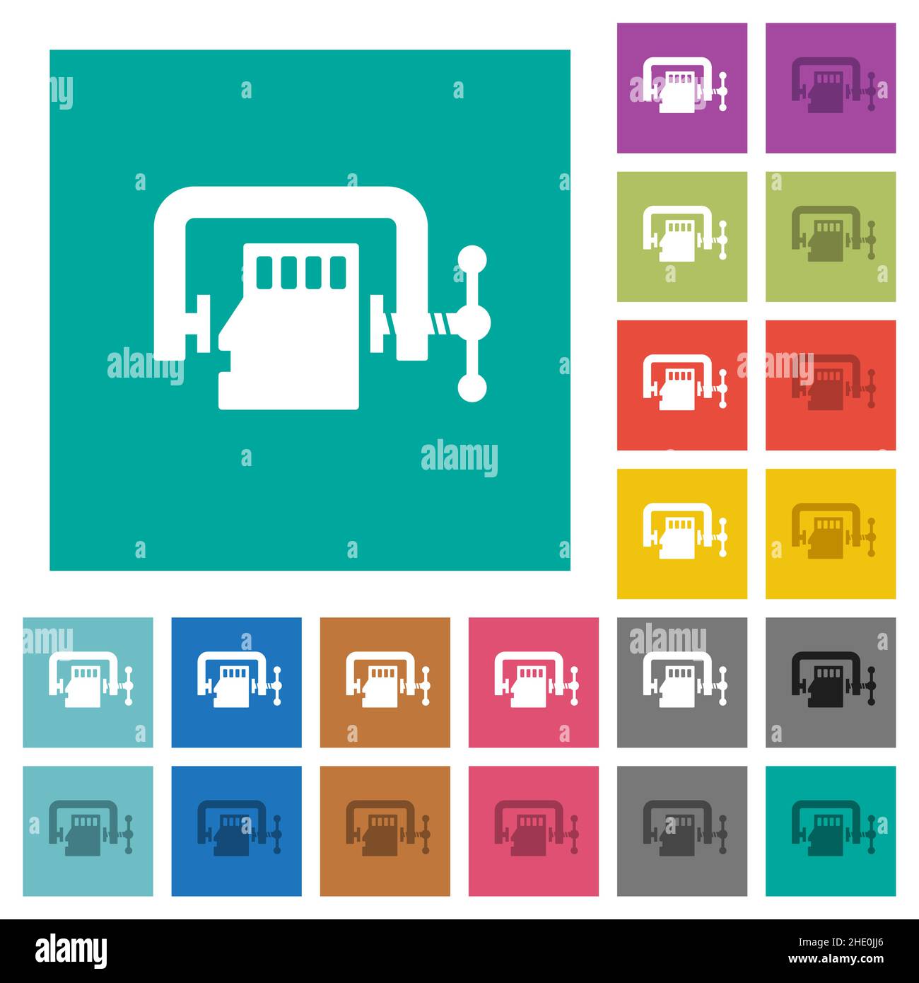 Micro sd memory card compress solid multi colored flat icons on plain square backgrounds. Included white and darker icon variations for hover or activ Stock Vector